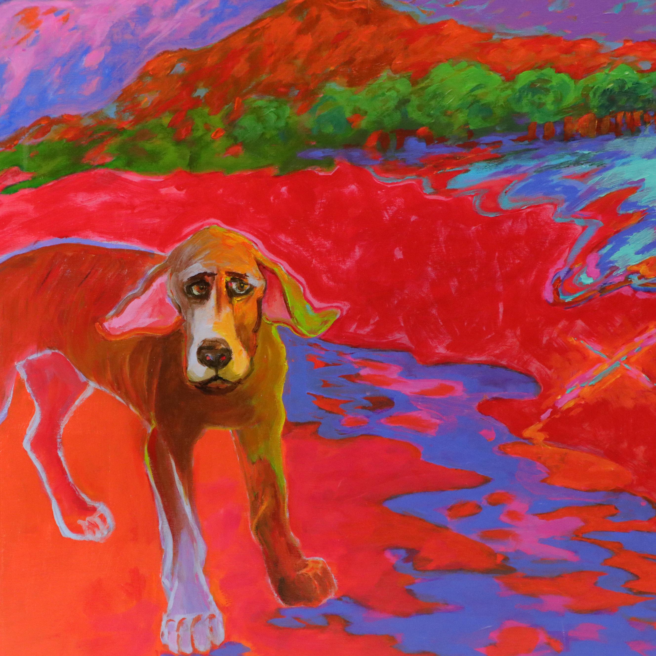 Martha Newfield Vibrant Abstract Oil Painting of Dogs in Landscape with Church