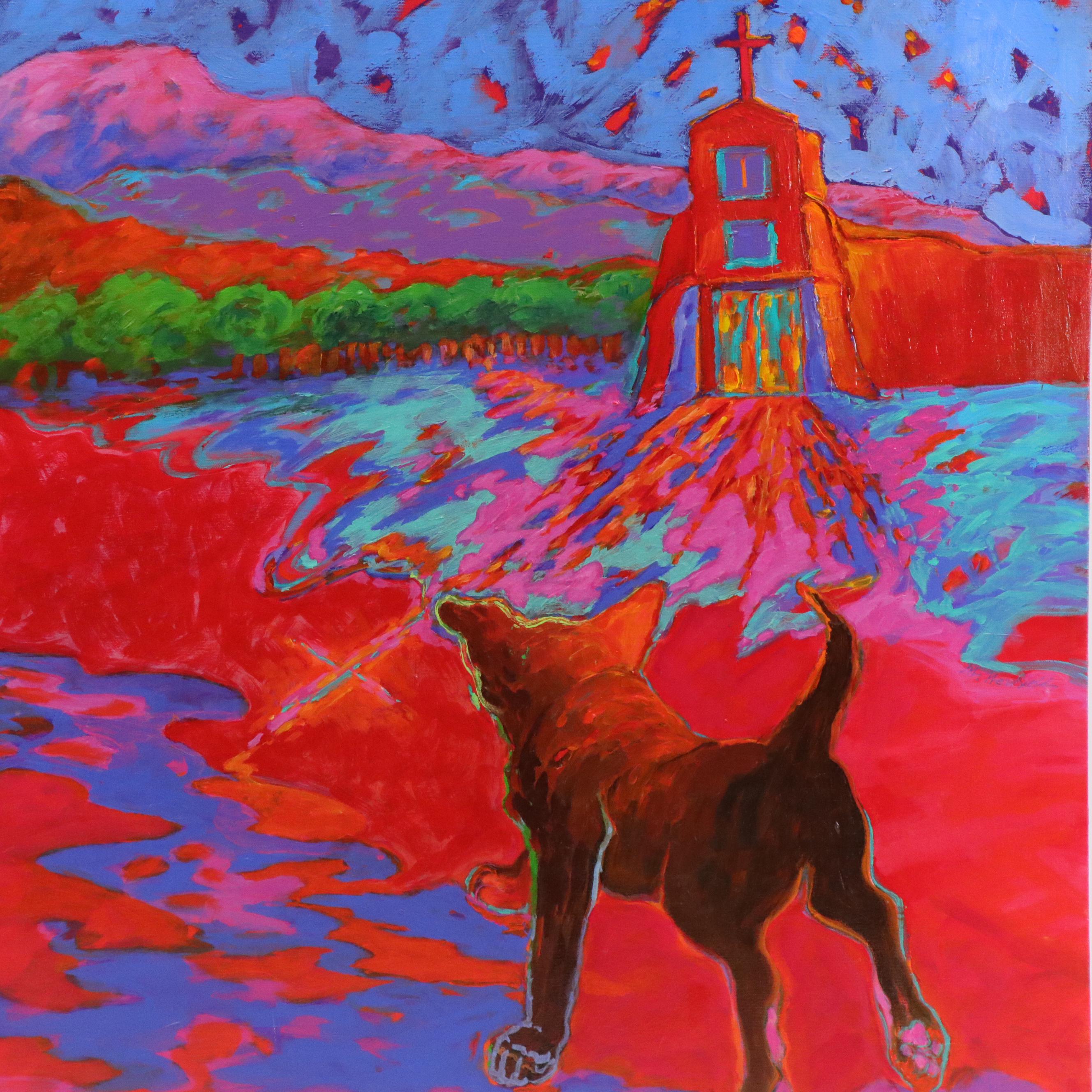 Martha Newfield Vibrant Abstract Oil Painting of Dogs in Landscape with Church