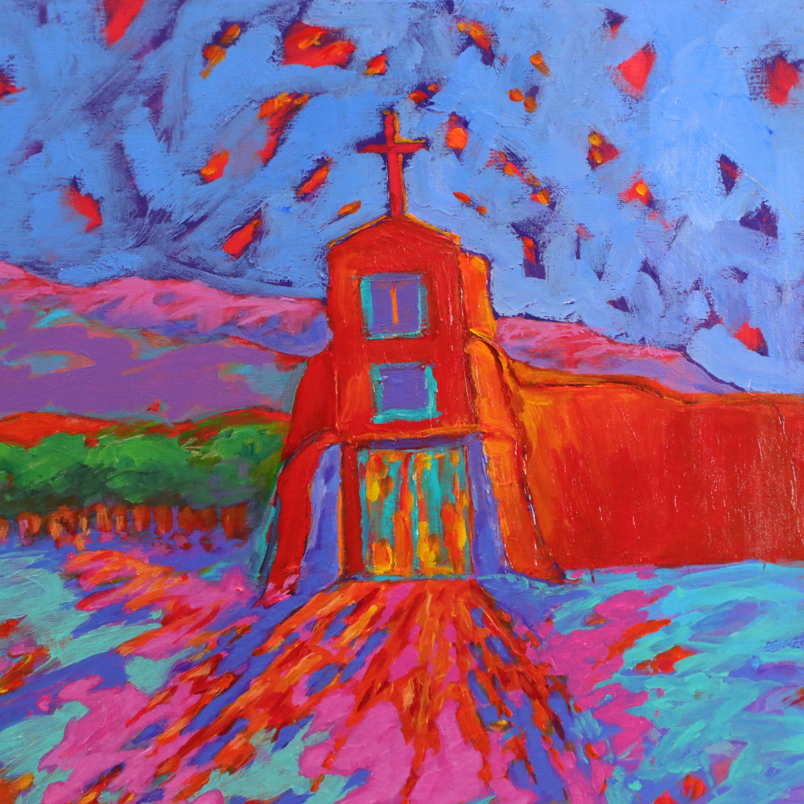 Martha Newfield Vibrant Abstract Oil Painting of Dogs in Landscape with Church