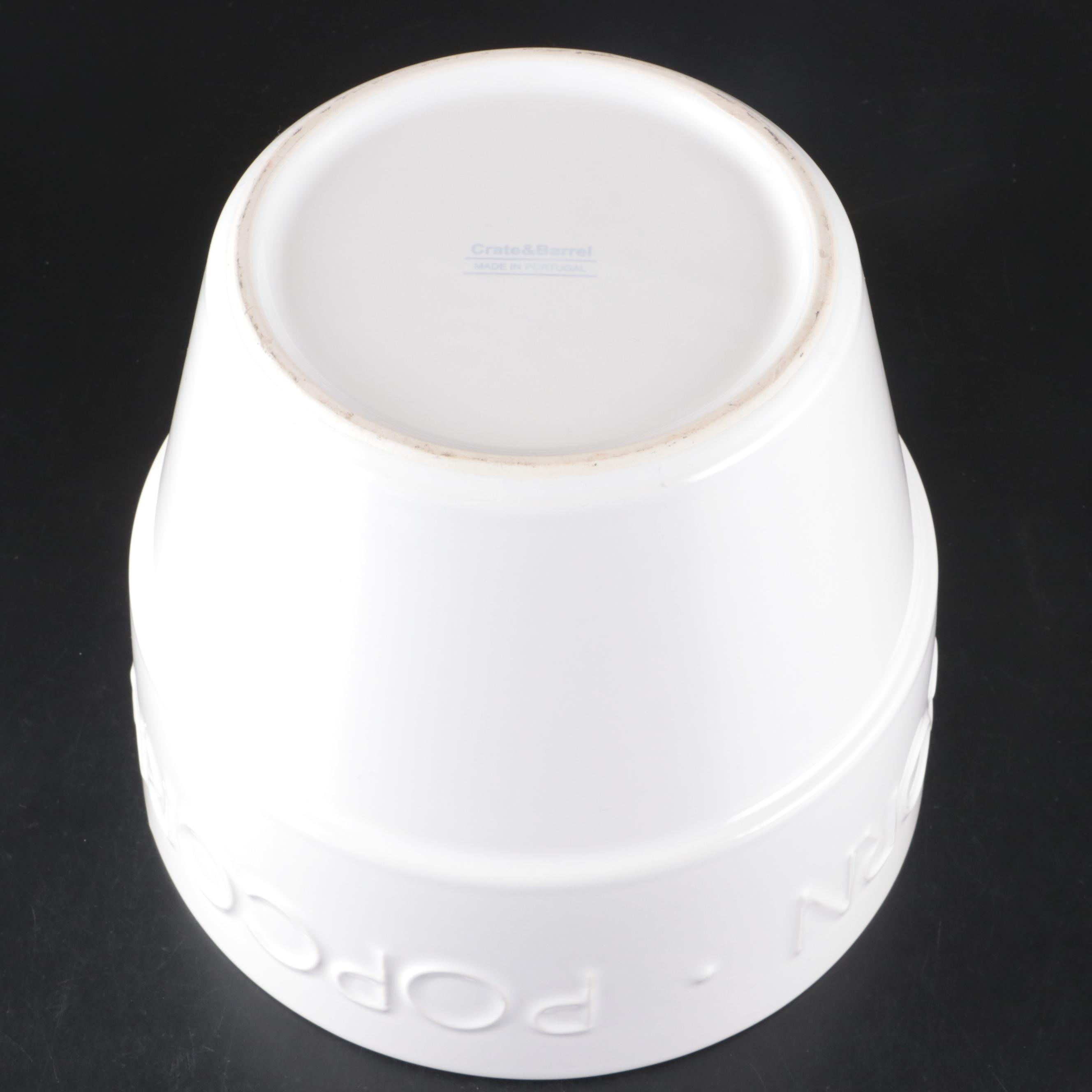 Crate & Barrel "Aspen" Ceramic Popcorn Bucket and Glass Photo Coaster Set