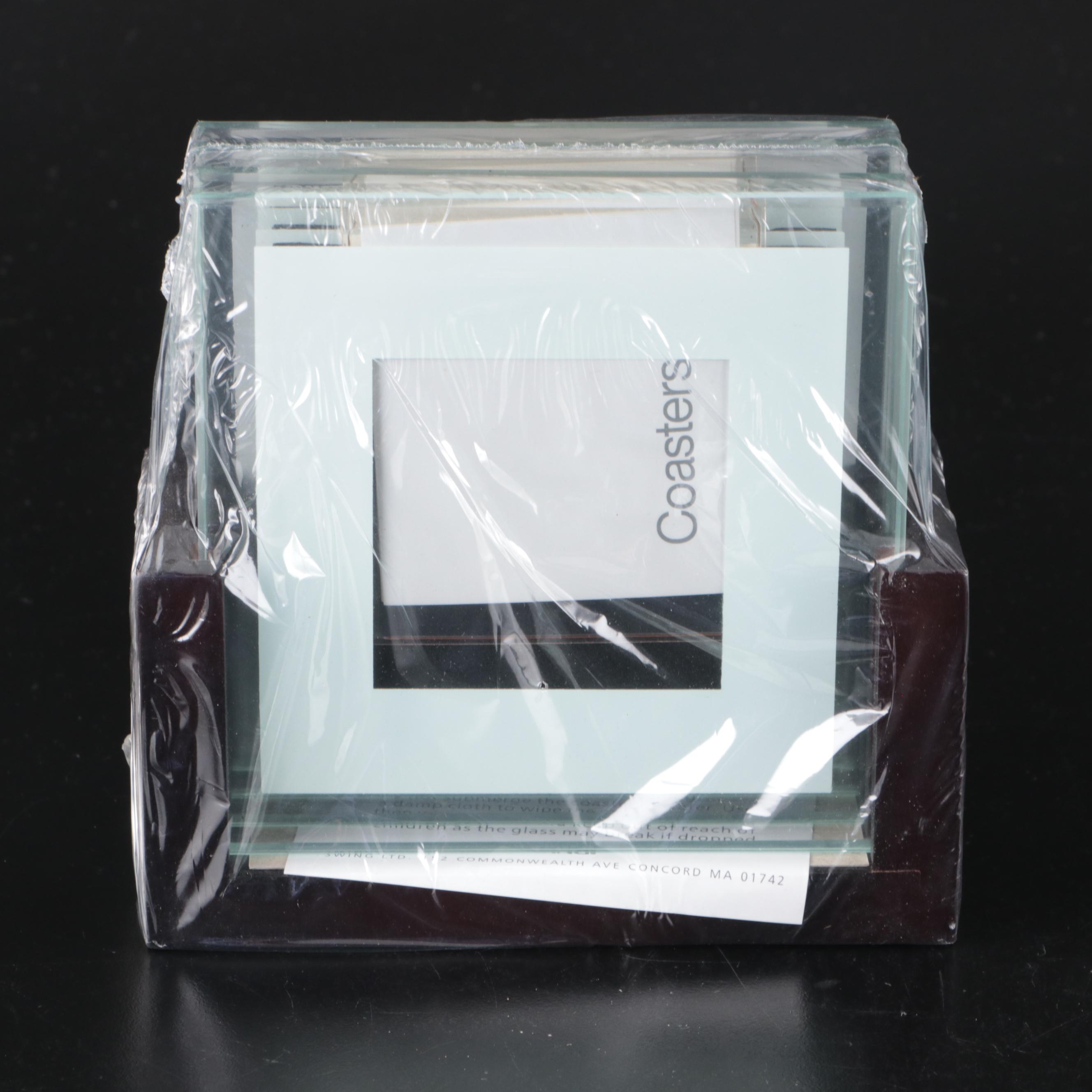 Crate & Barrel "Aspen" Ceramic Popcorn Bucket and Glass Photo Coaster Set