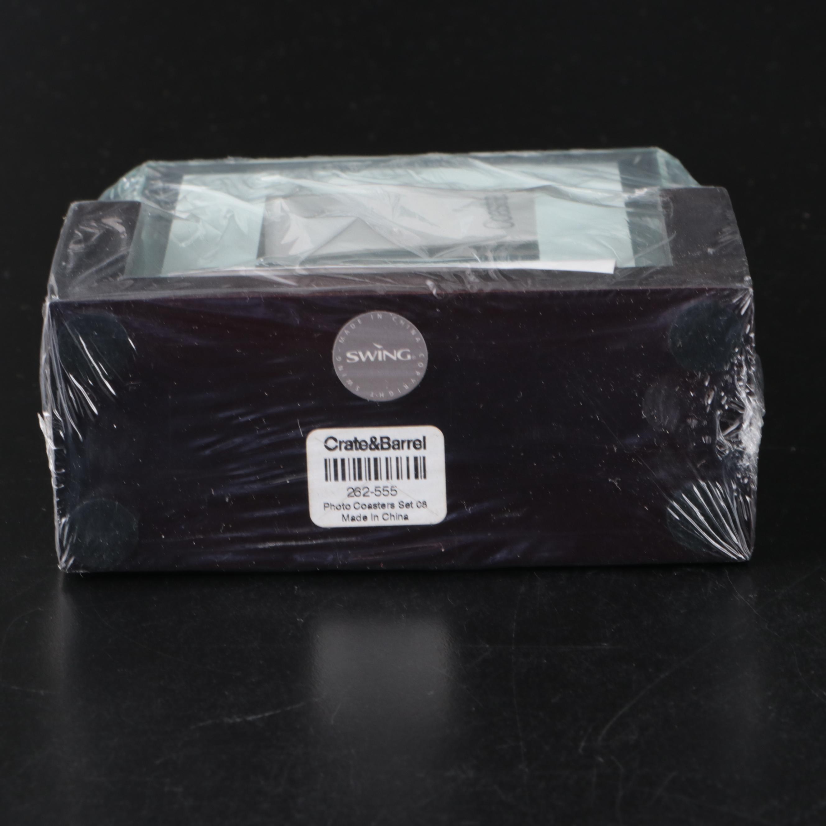 Crate & Barrel "Aspen" Ceramic Popcorn Bucket and Glass Photo Coaster Set