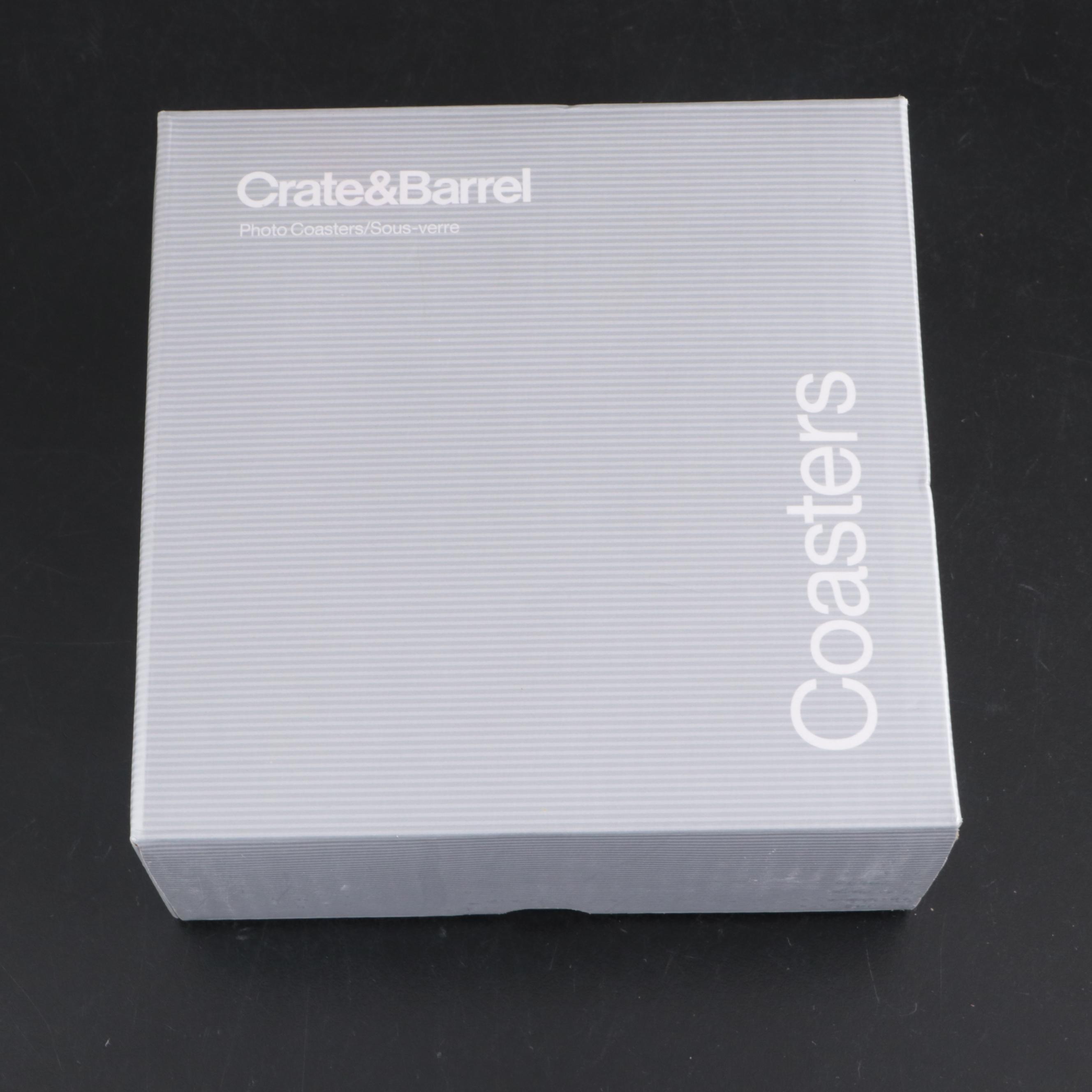 Crate & Barrel "Aspen" Ceramic Popcorn Bucket and Glass Photo Coaster Set