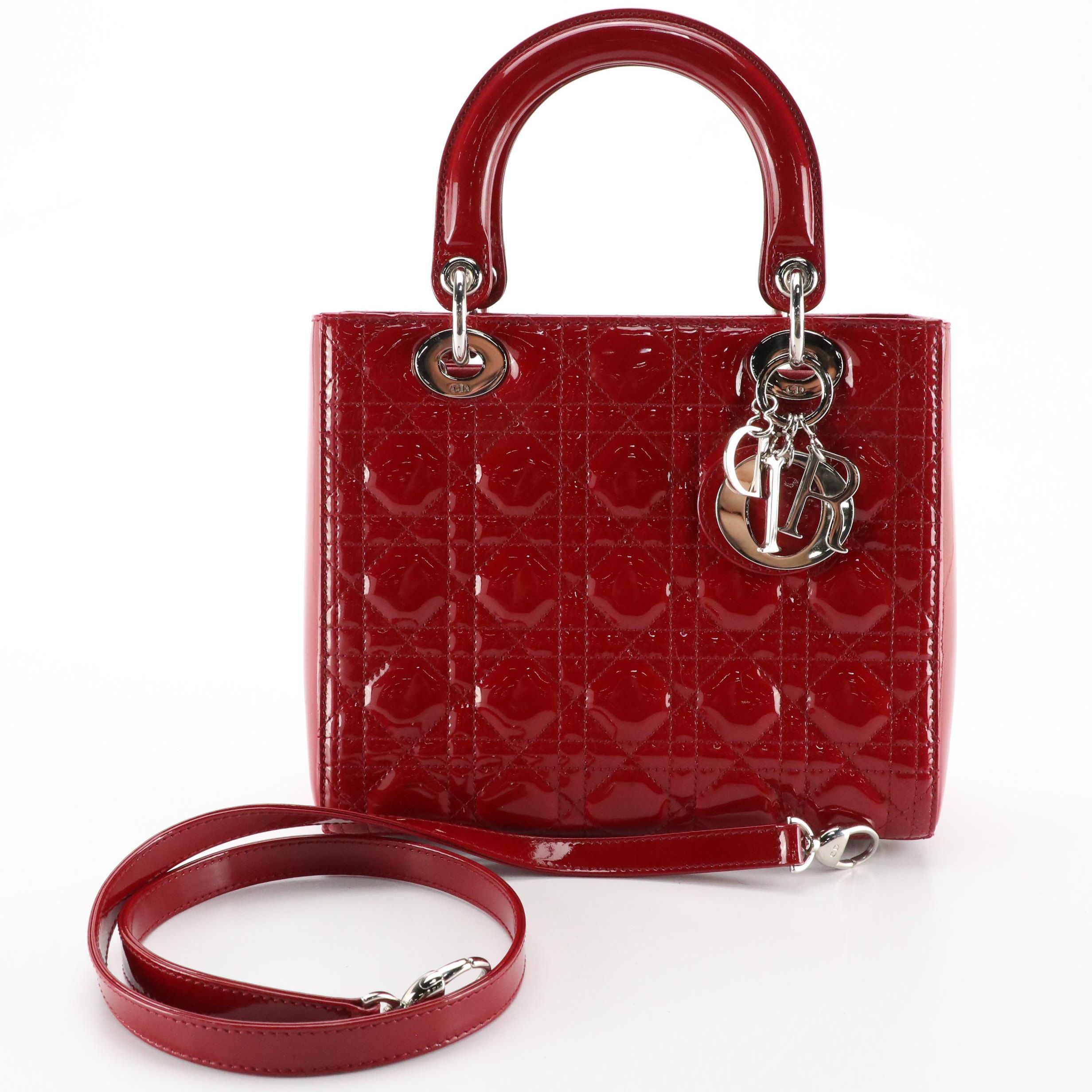 Christian Dior Lady Dior Cherry Red Cannage Quilted Patent Leather Two-Way Bag