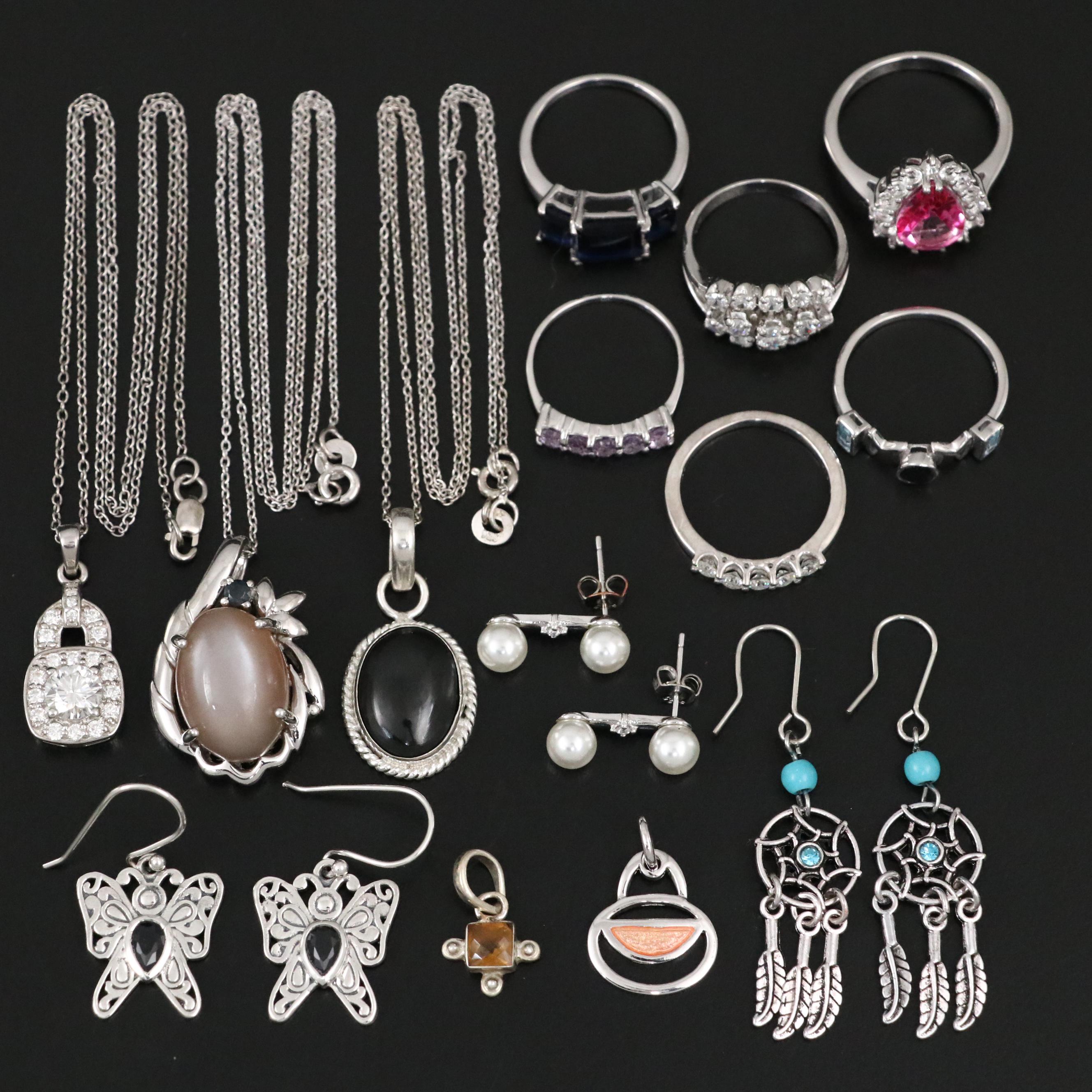Group of 14 Assorted Sterling Silver Rings, Necklaces, Earrings, and Pendants