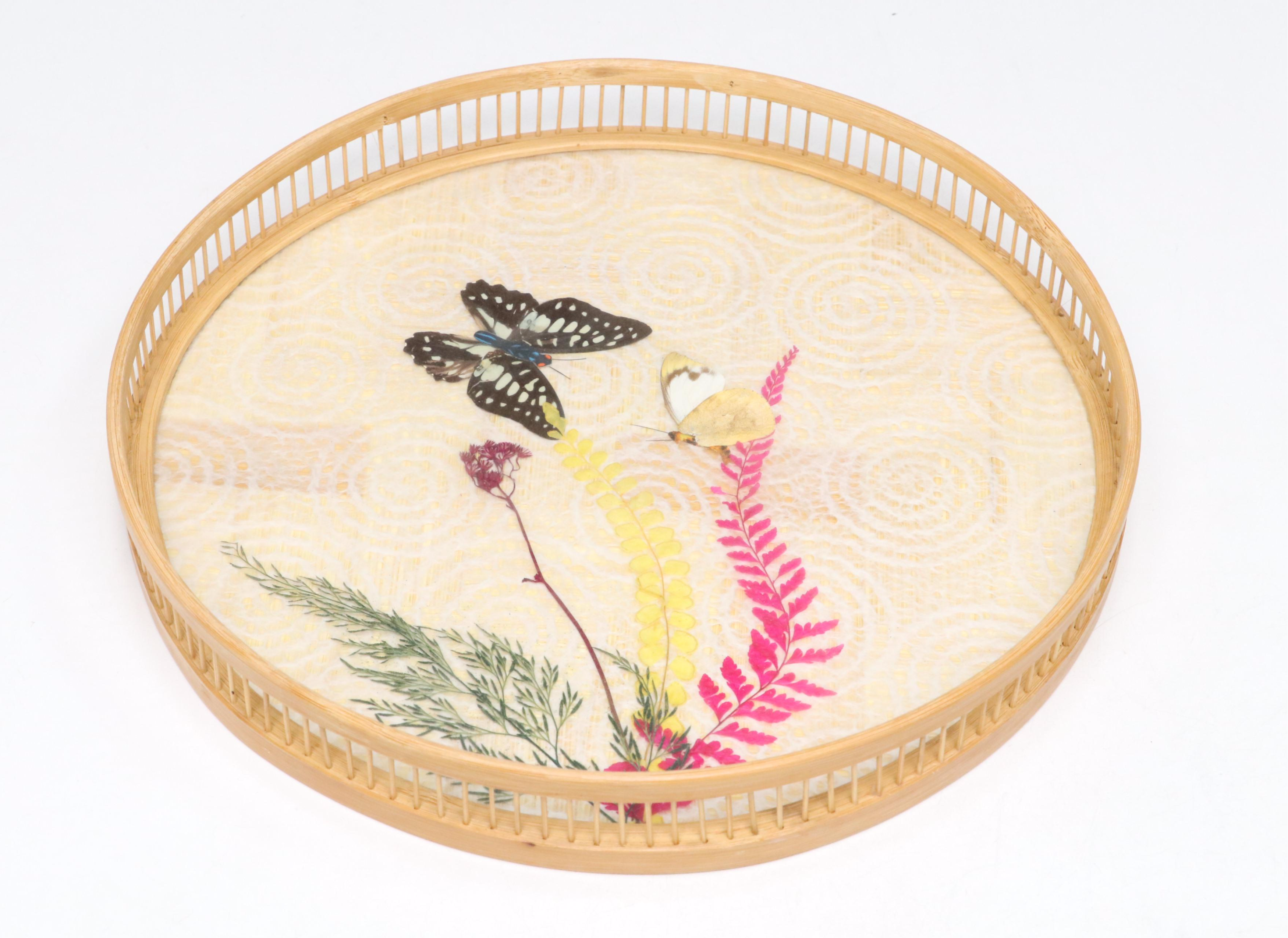 Wicker and Butterfly Tray and Coster Set with Marble Slab Platter