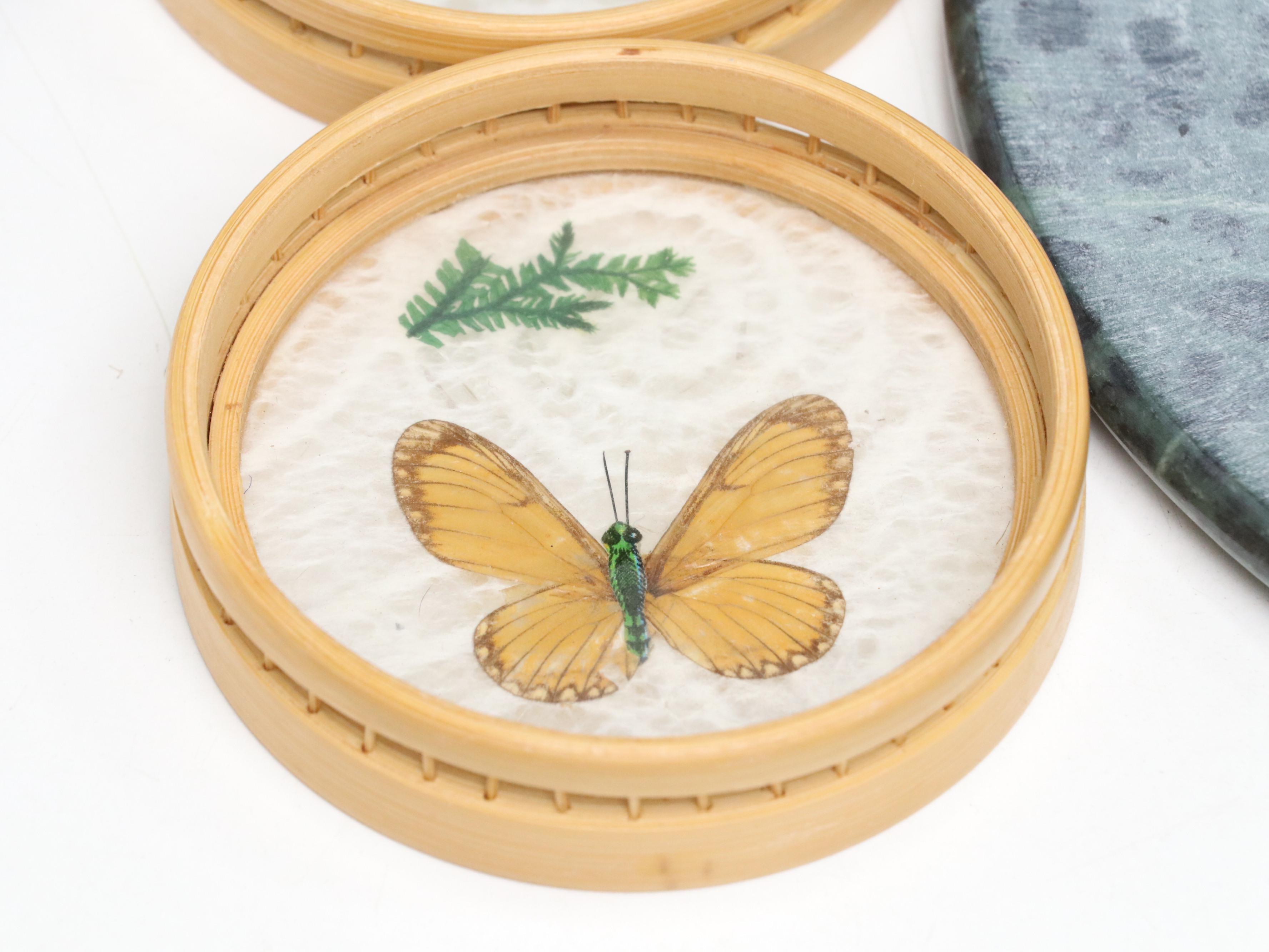 Wicker and Butterfly Tray and Coster Set with Marble Slab Platter