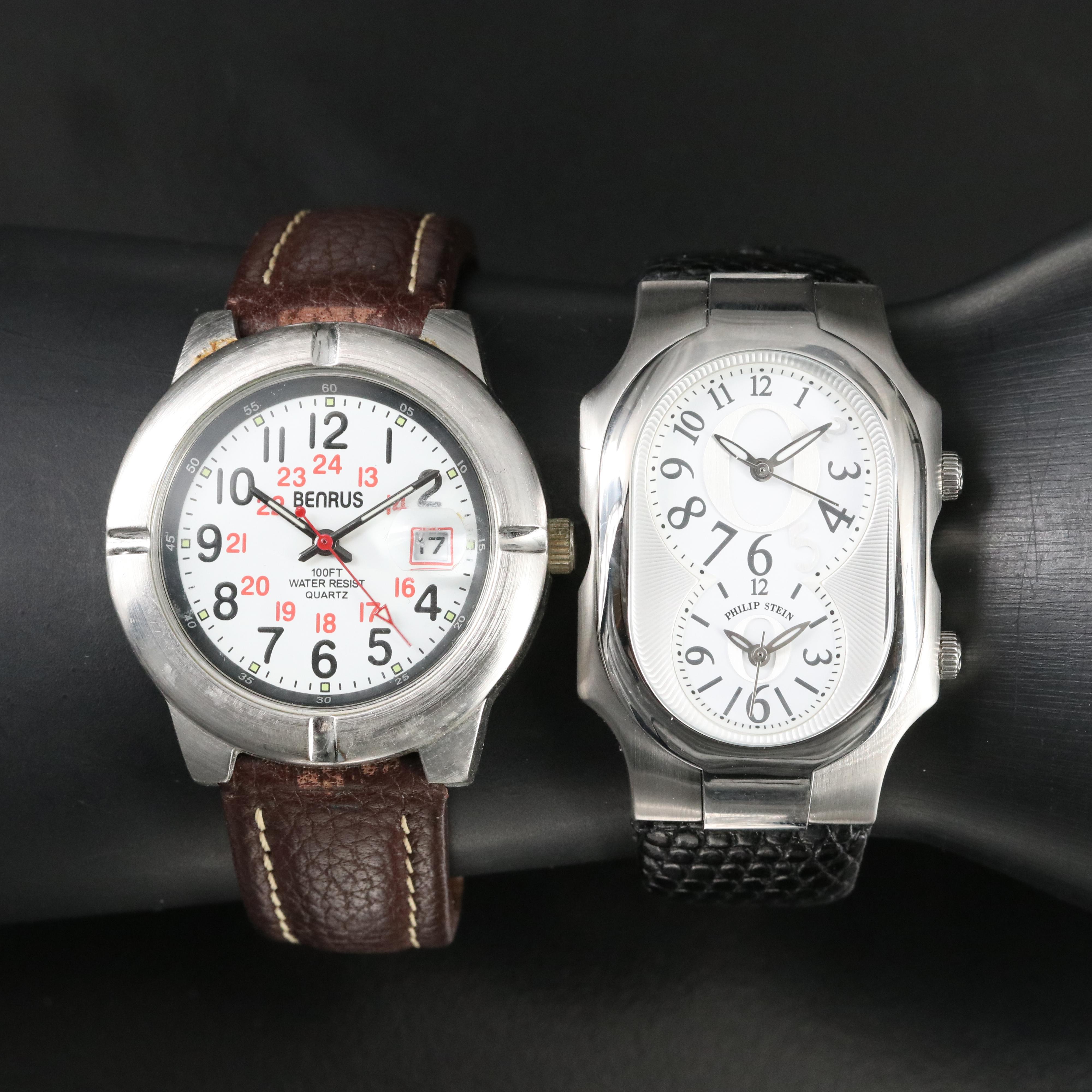 Philip Stein Signature Dual Time Stainless Steel and Benrus Military Watch