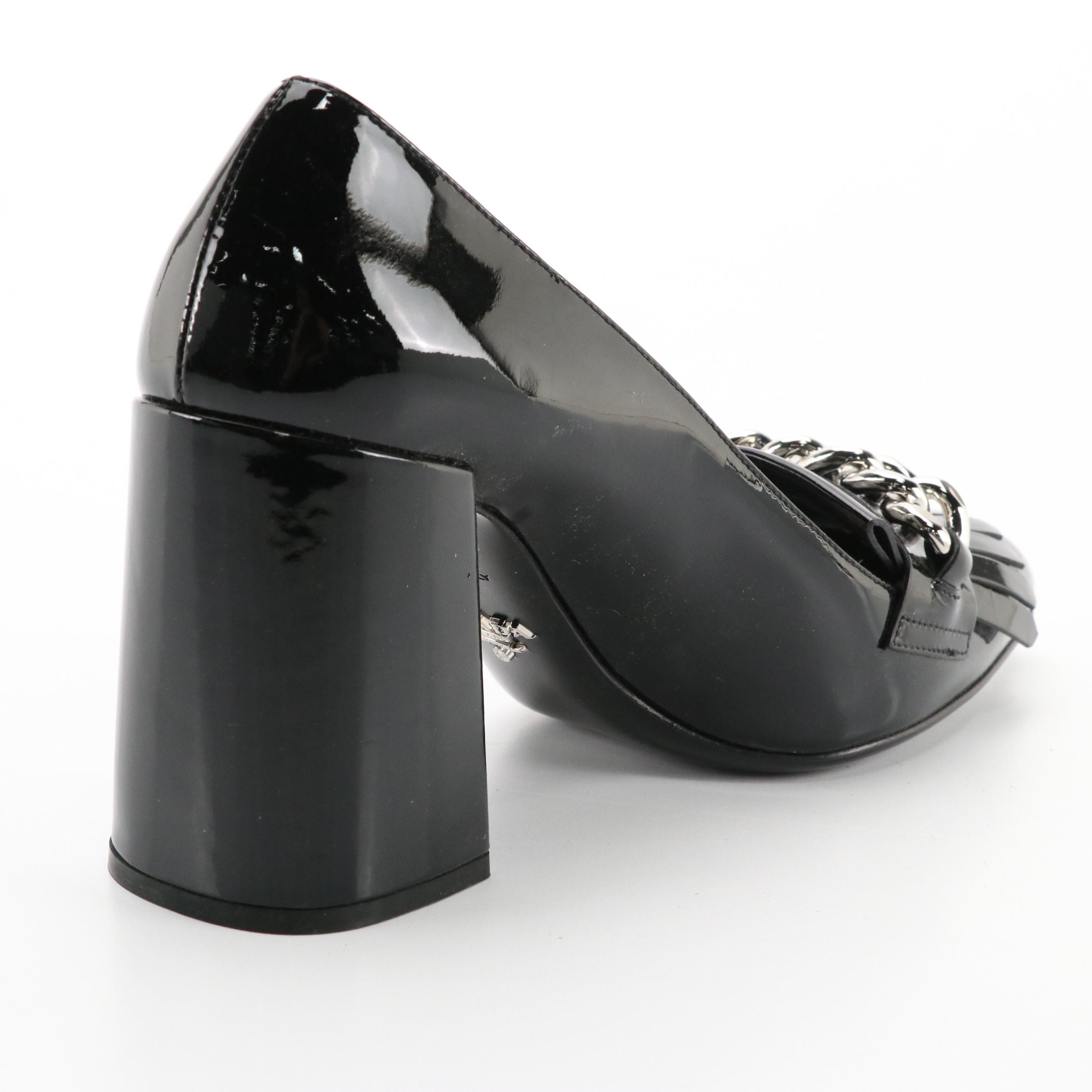 Prada Black Patent Leather Block Heel Chain-Link Tassel Loafers in Box