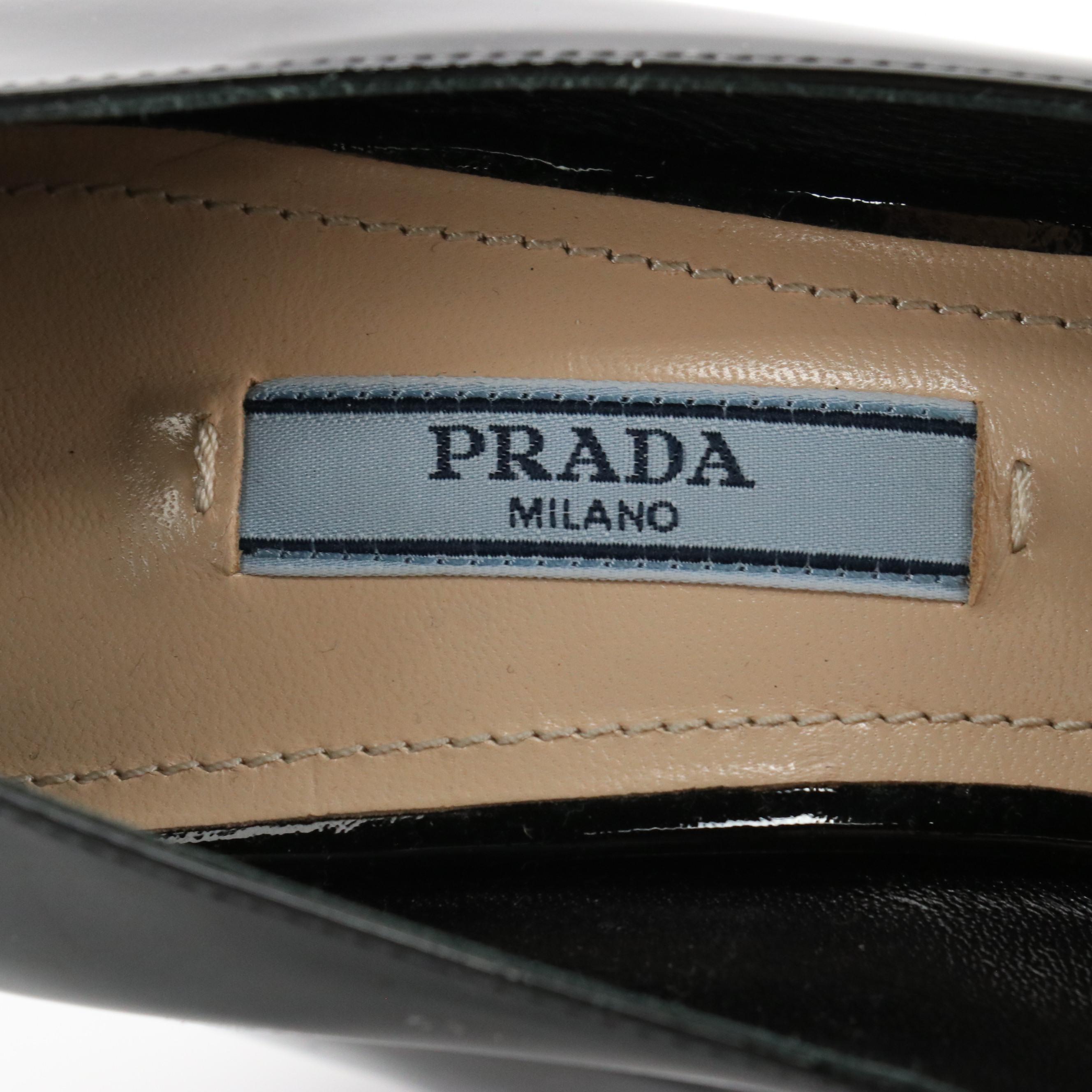 Prada Black Patent Leather Block Heel Chain-Link Tassel Loafers in Box