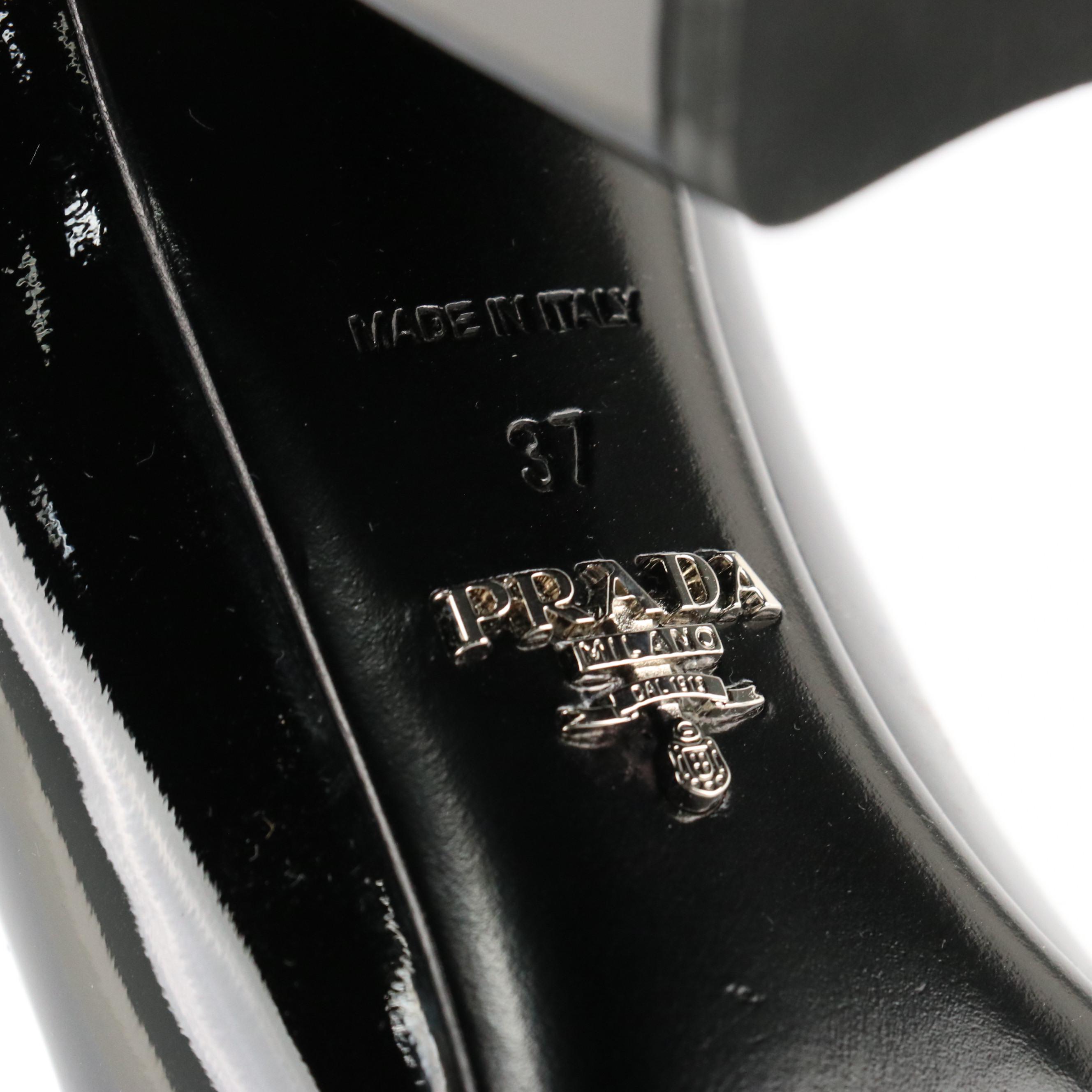 Prada Black Patent Leather Block Heel Chain-Link Tassel Loafers in Box