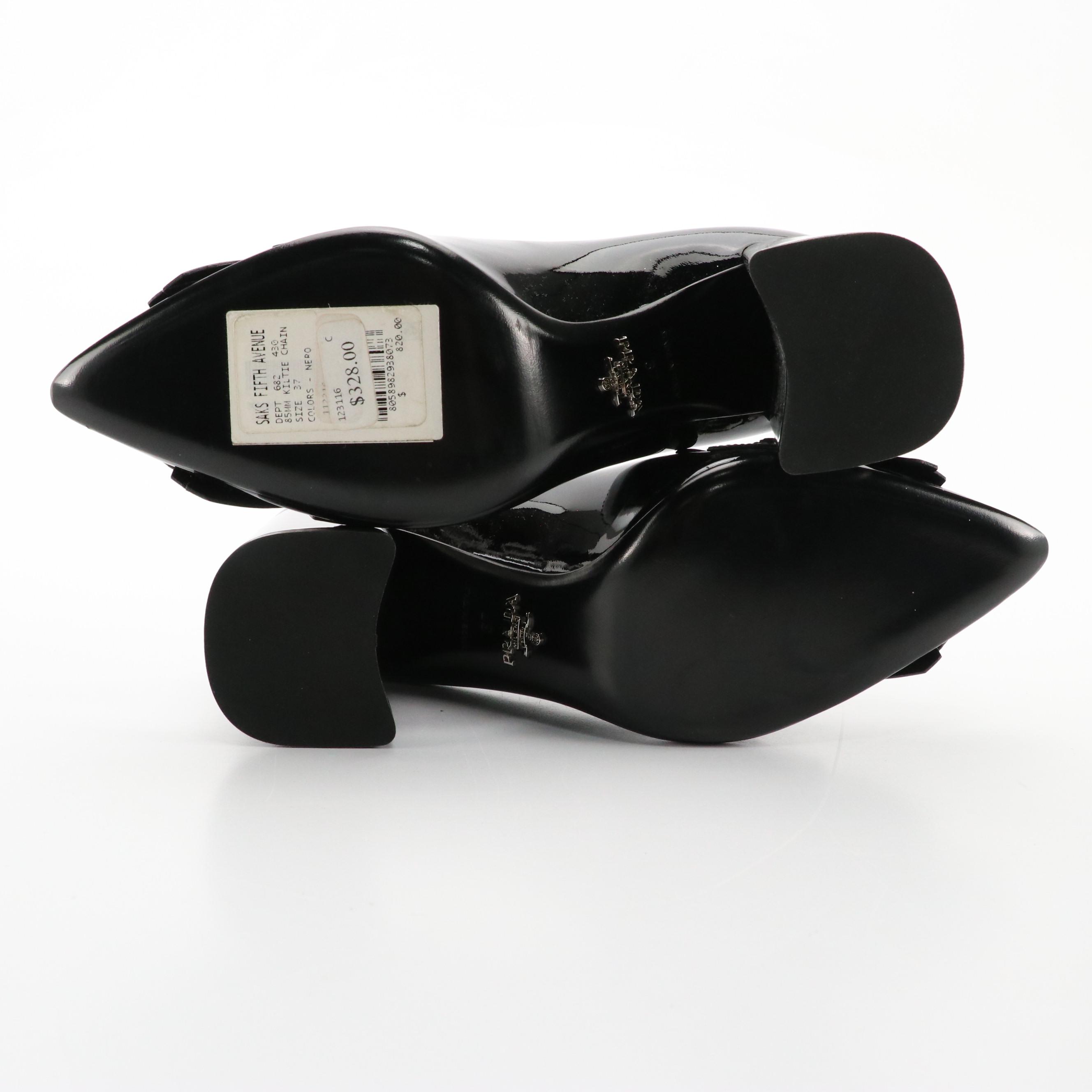 Prada Black Patent Leather Block Heel Chain-Link Tassel Loafers in Box