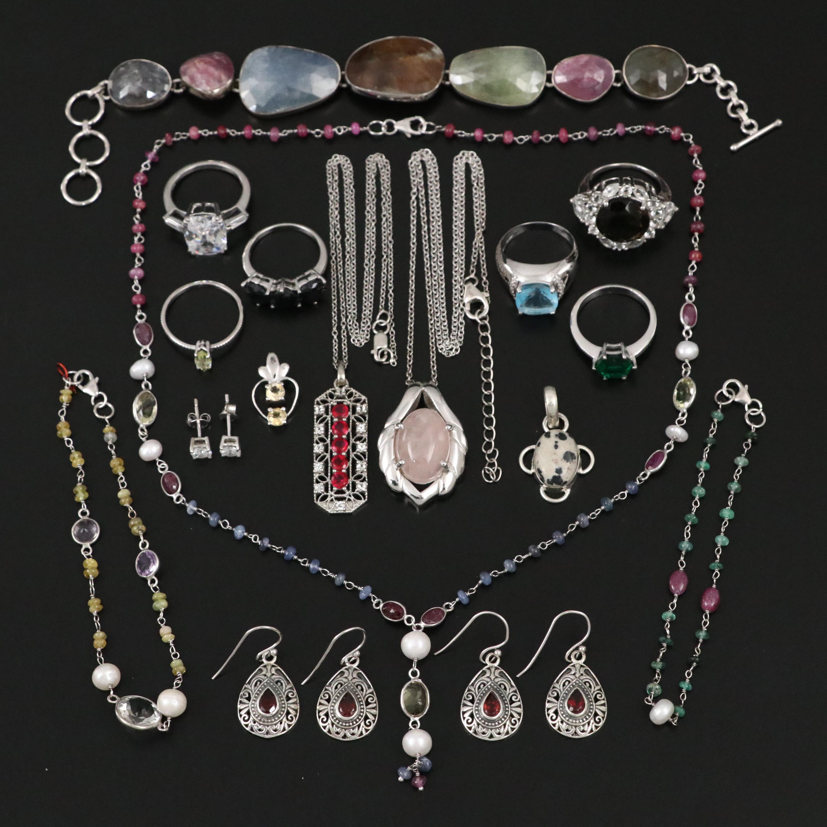 17 Assorted Sterling Silver Bracelets, Earrings, Necklaces, Pendants, and Rings