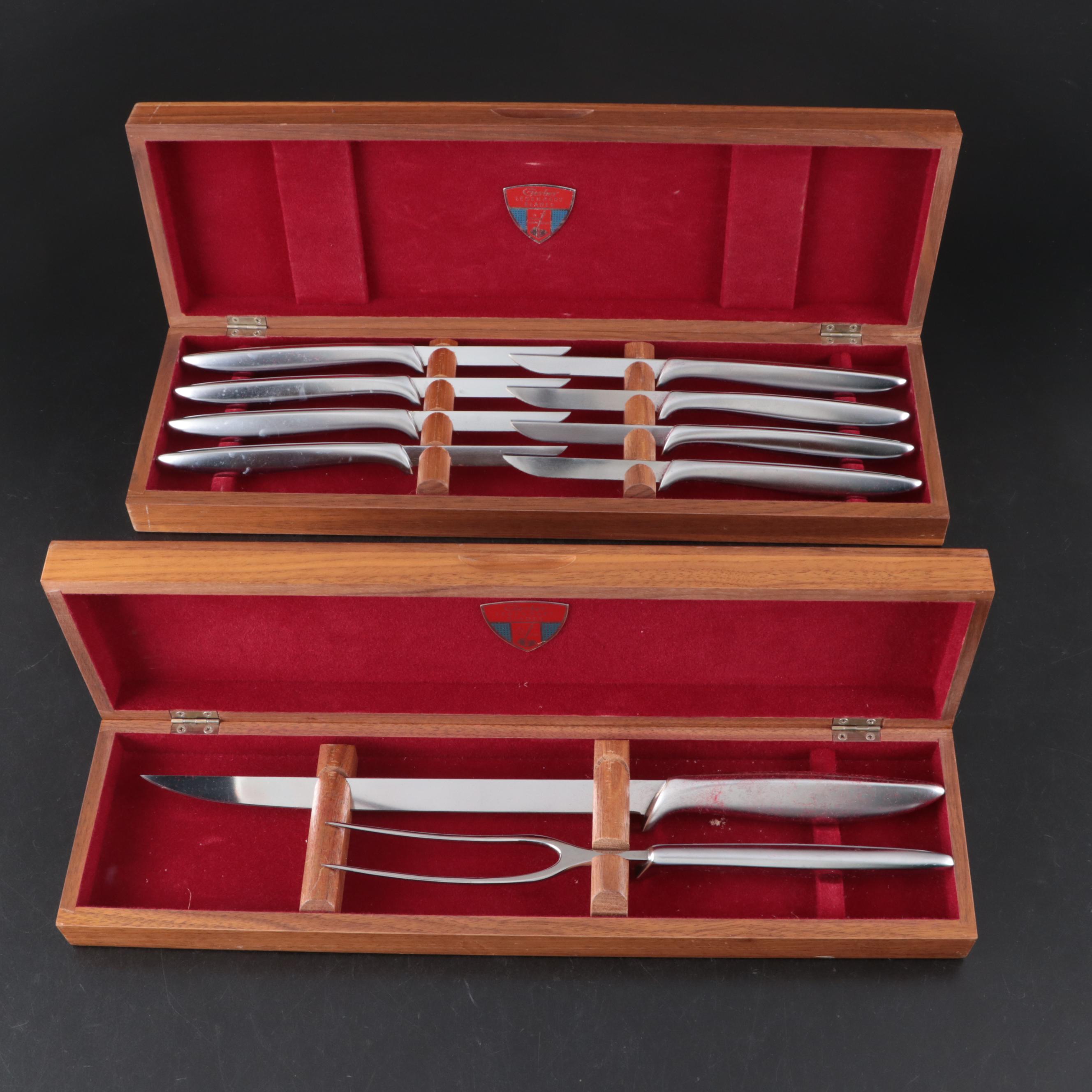 Gerber Mid Century Modern Style Stainless Steel Carving Set and Steak Knives