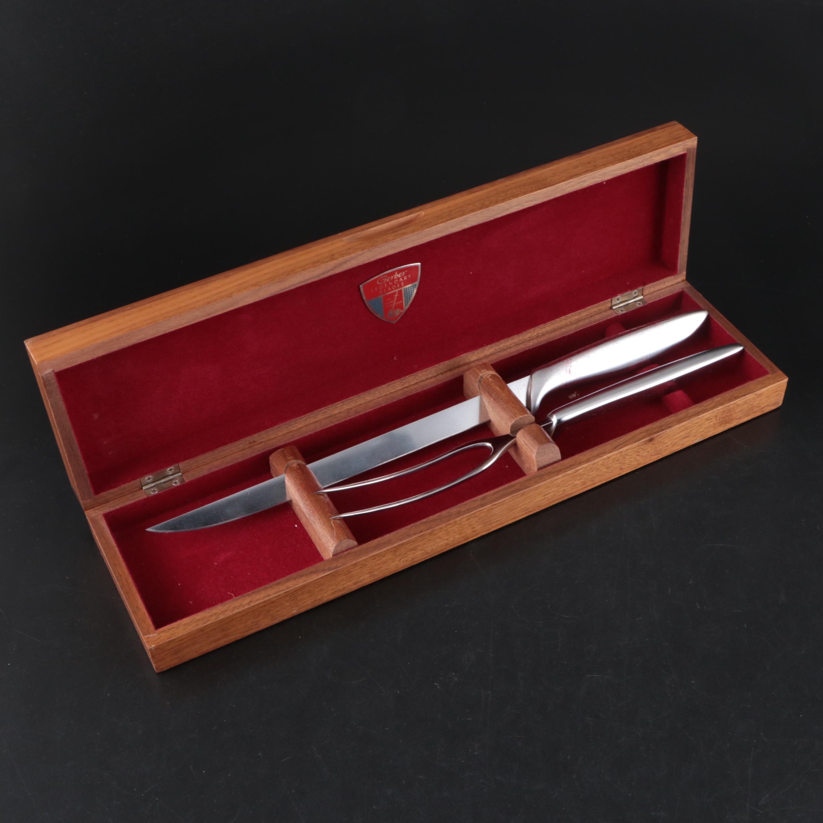 Gerber Mid Century Modern Style Stainless Steel Carving Set and Steak Knives