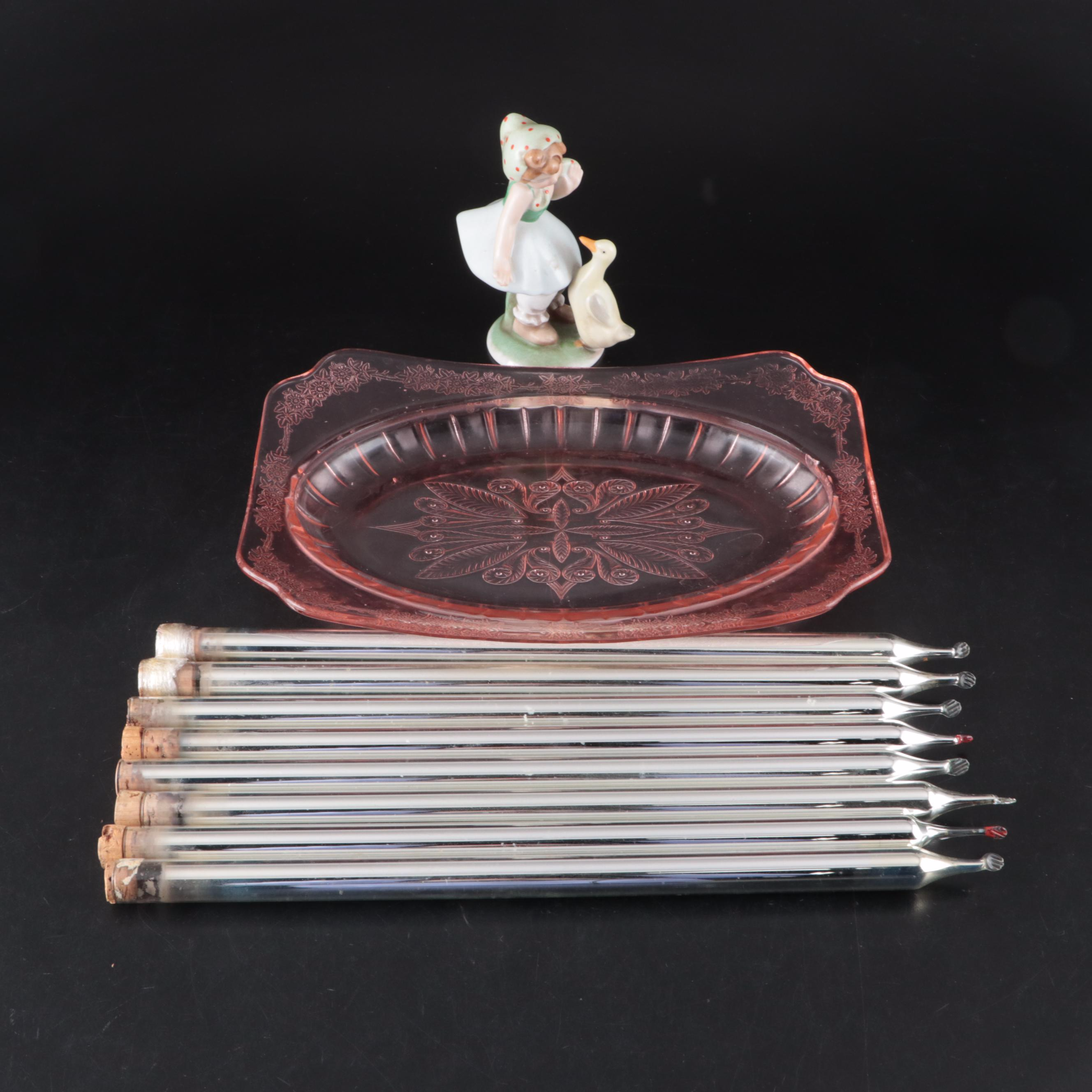 Mercury Glass Tapers with West German Figurine and Depression Glass Tray