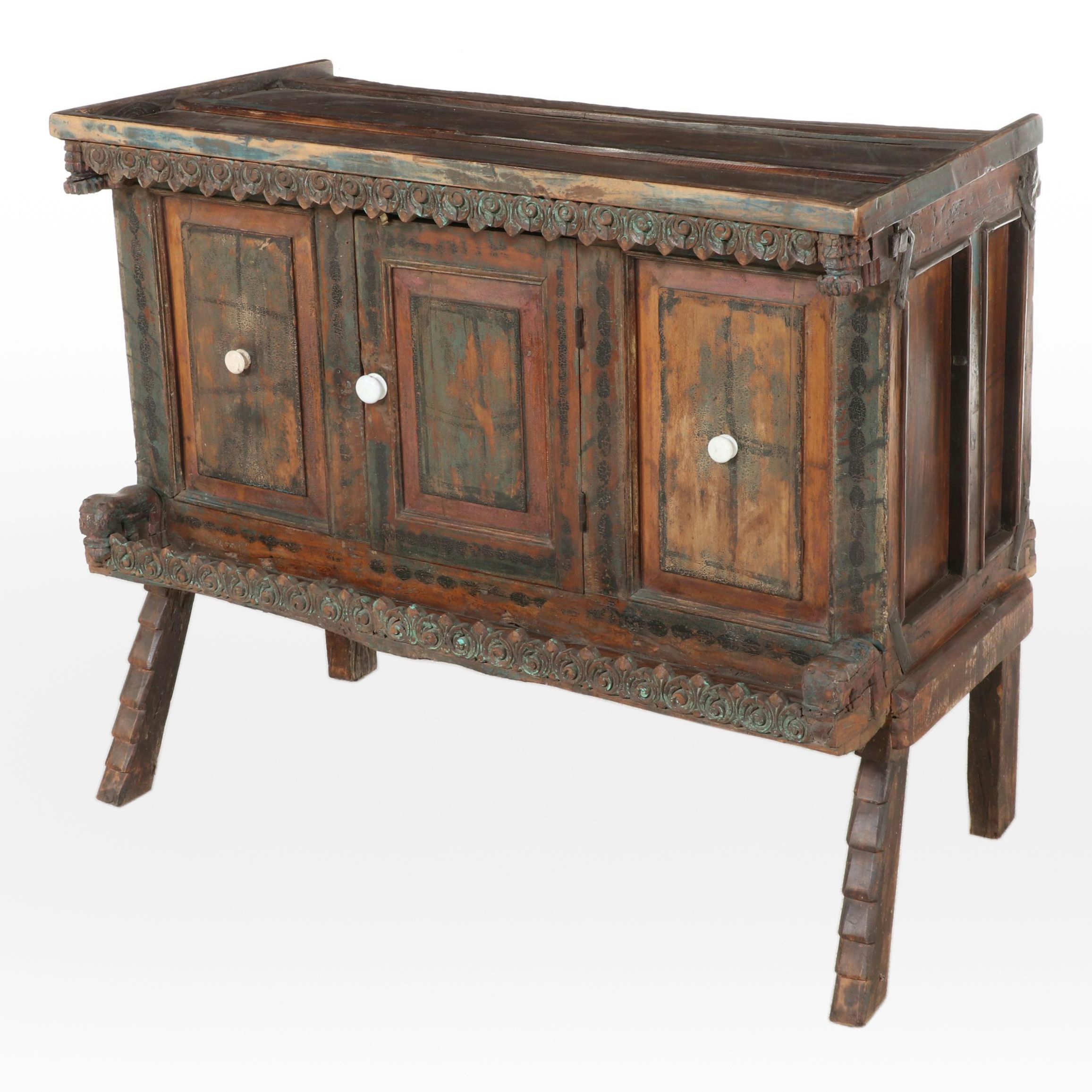 Indian Carved and Painted Wood Damchiya Cabinet, 20th Century