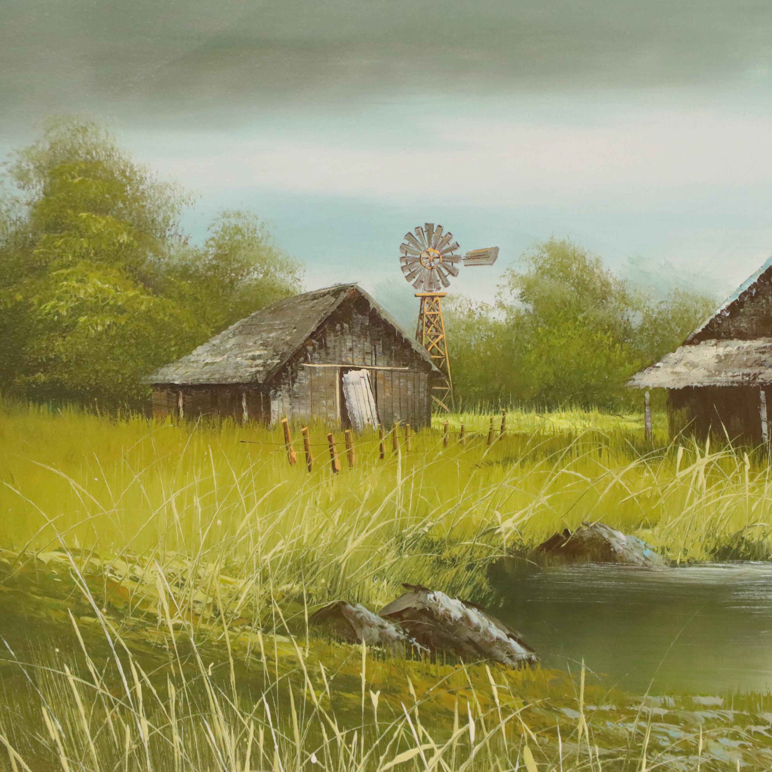 W. Lovell Oil Painting with Barnhouse Landscape, Late 20th Century