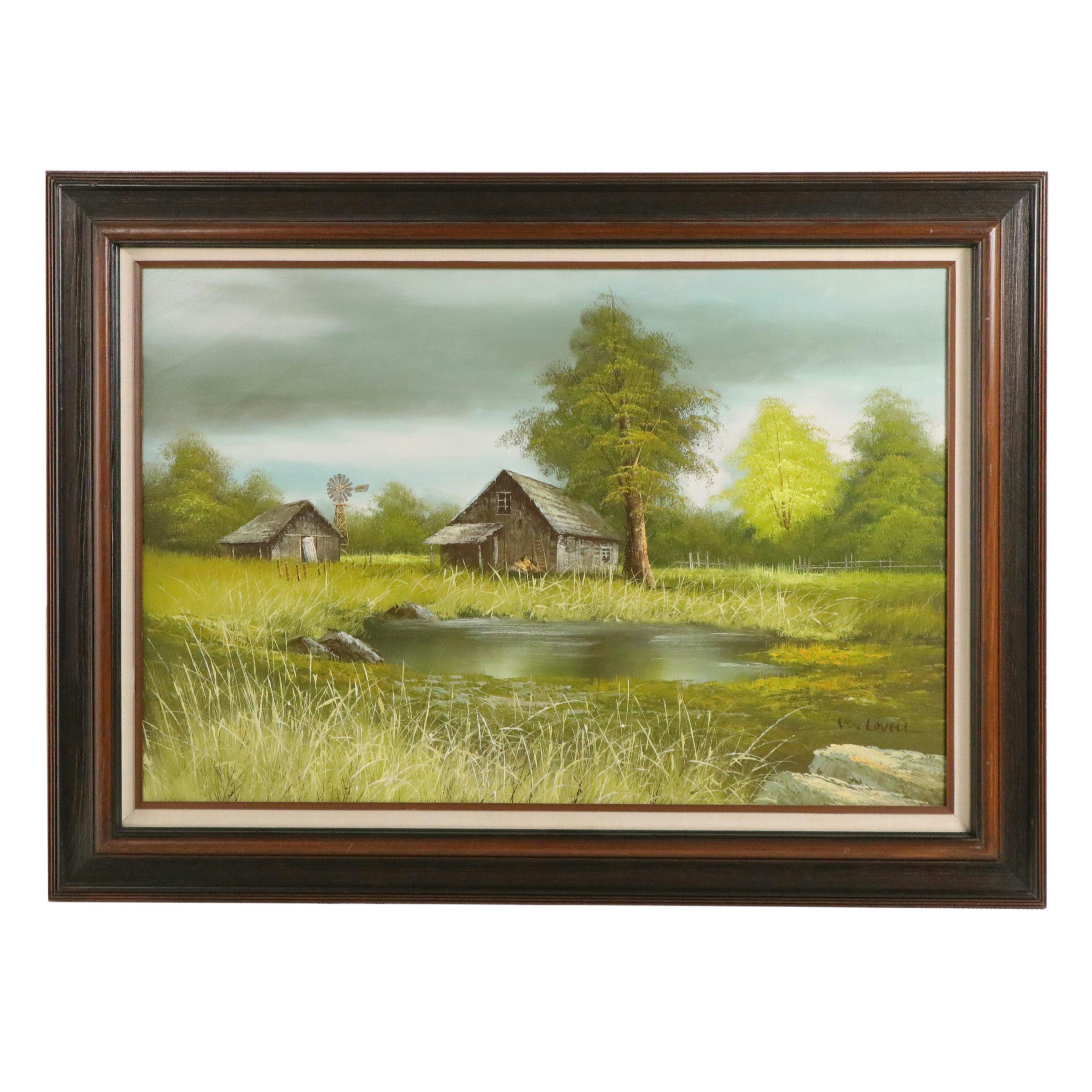 W. Lovell Oil Painting with Barnhouse Landscape, Late 20th Century