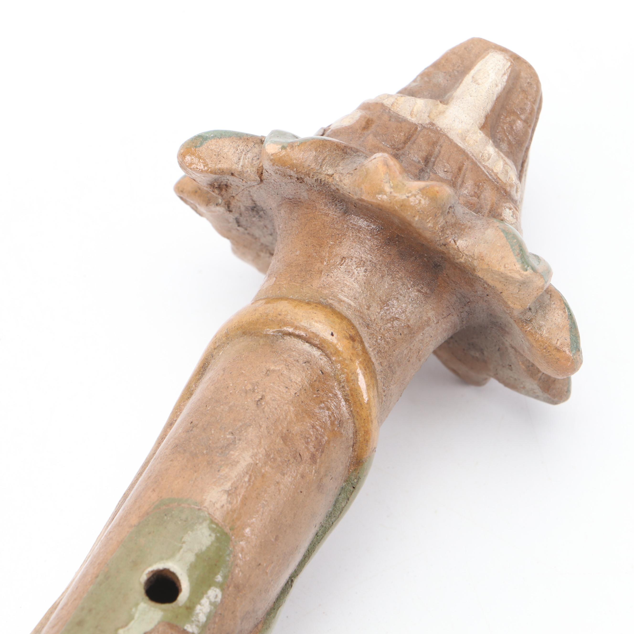 Pre-Columbian Style Tlapitzalli Clay Flute with Carved Wood Hippopotamus