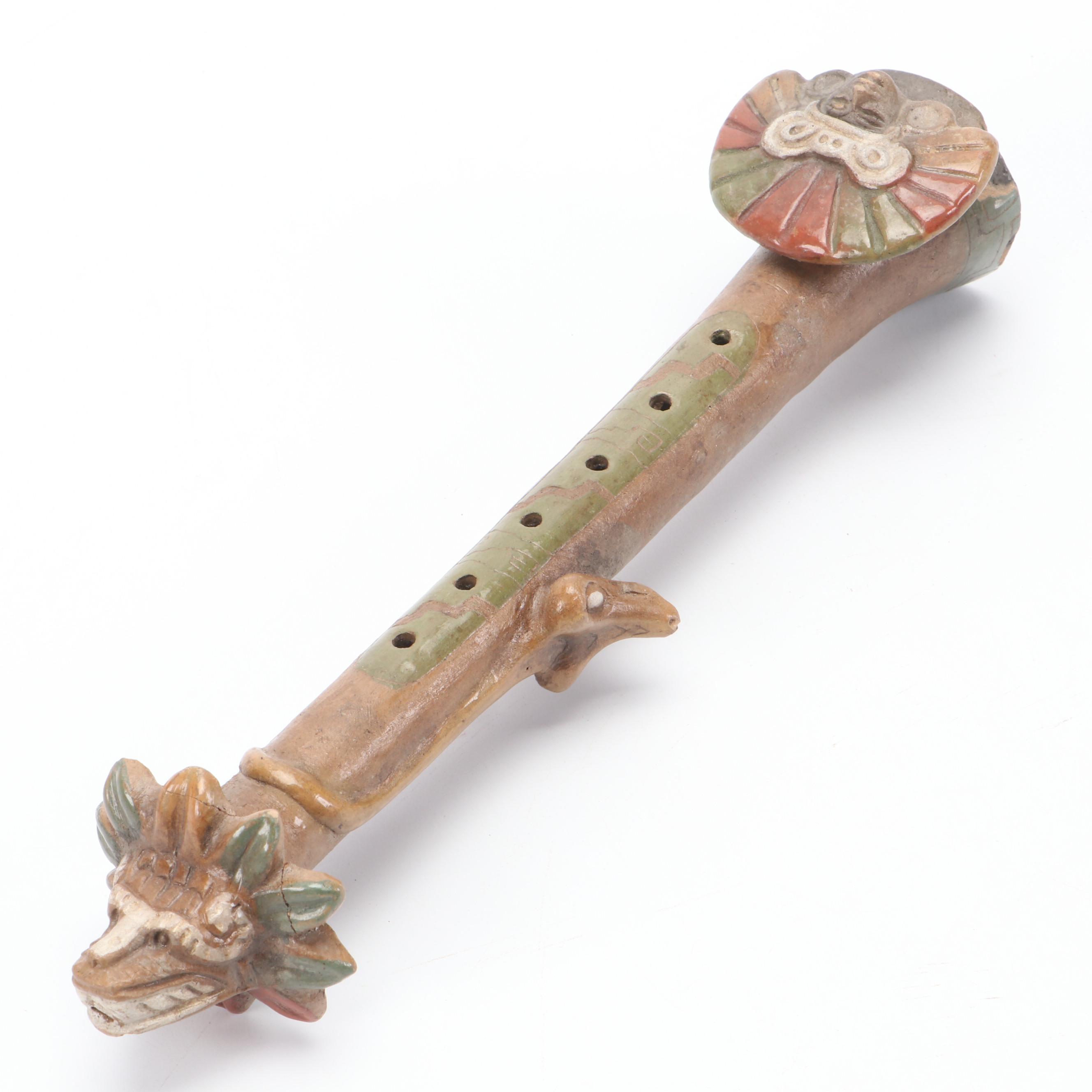 Pre-Columbian Style Tlapitzalli Clay Flute with Carved Wood Hippopotamus