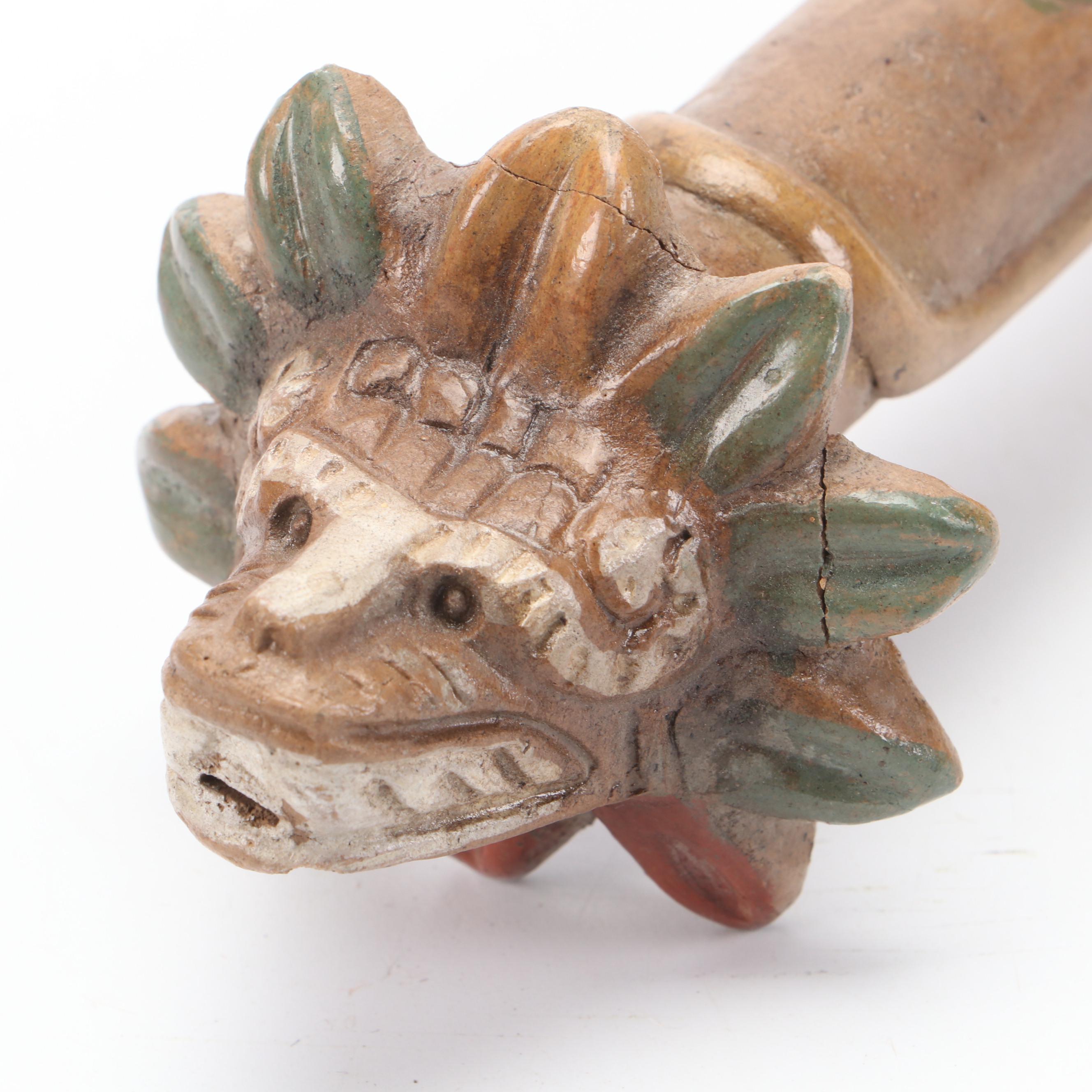 Pre-Columbian Style Tlapitzalli Clay Flute with Carved Wood Hippopotamus