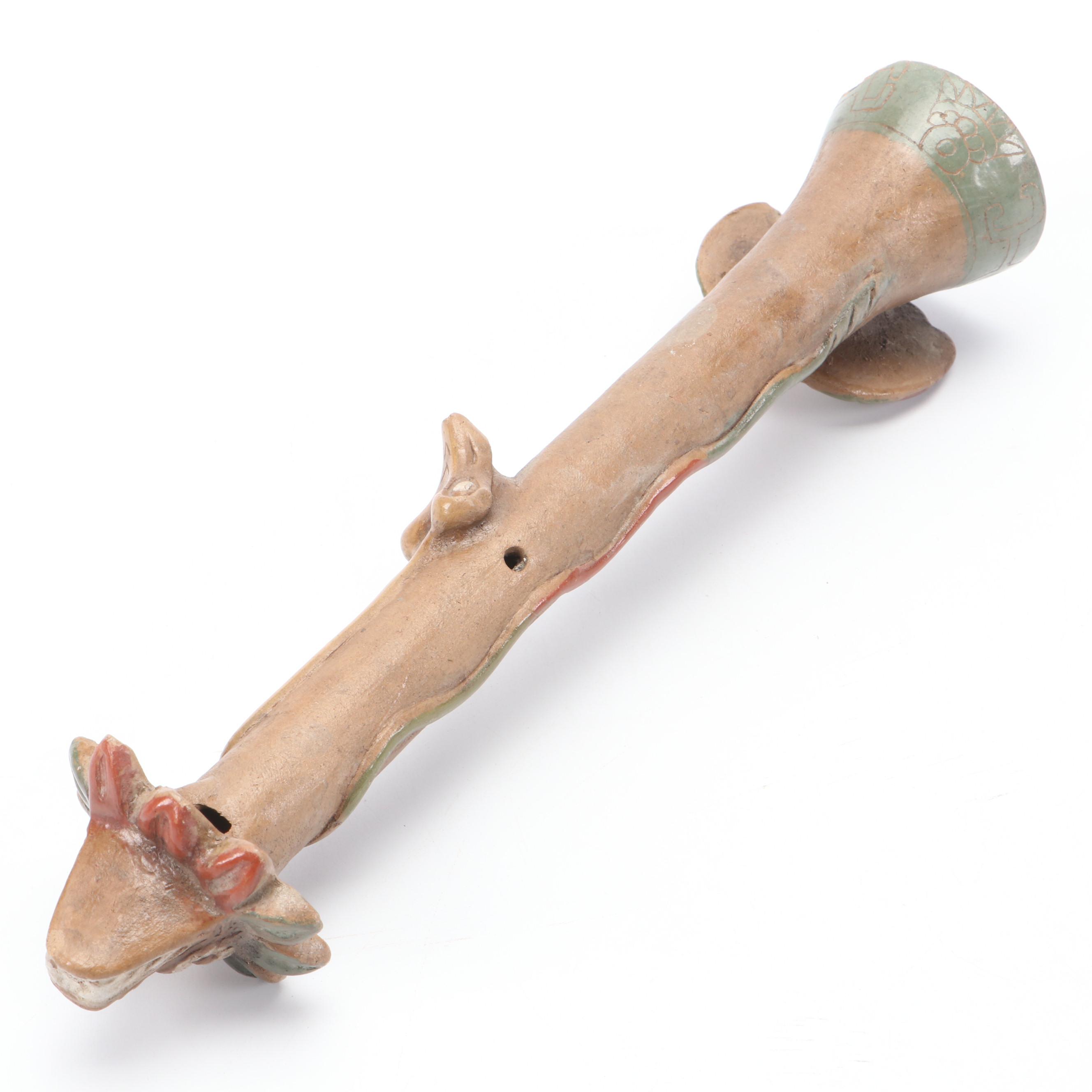 Pre-Columbian Style Tlapitzalli Clay Flute with Carved Wood Hippopotamus