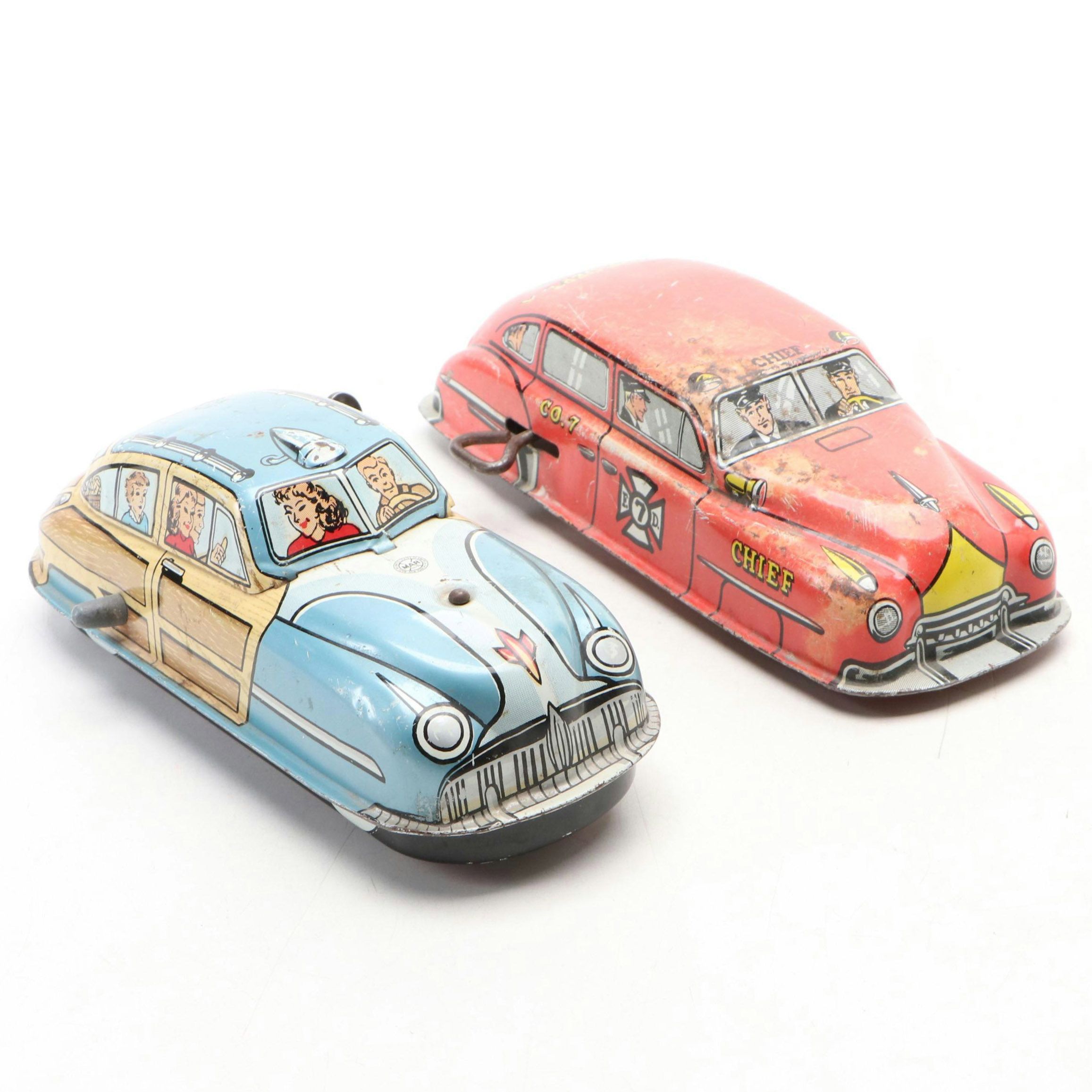 Louis Marx and Lupor Tin Lithograph Wind-Up Toy Cars, Mid-20th Century