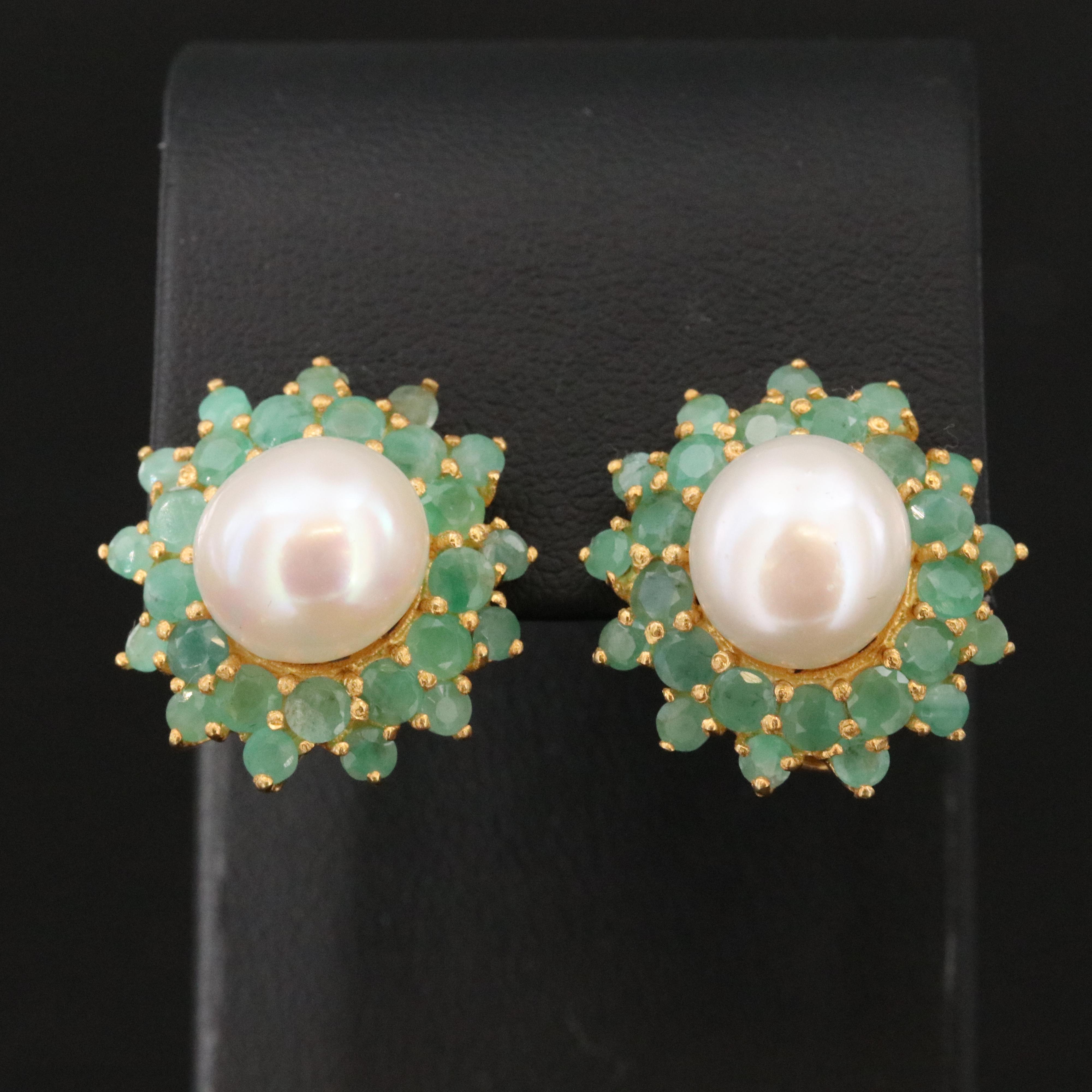 Sterling Pearl and Emerald Button Earrings