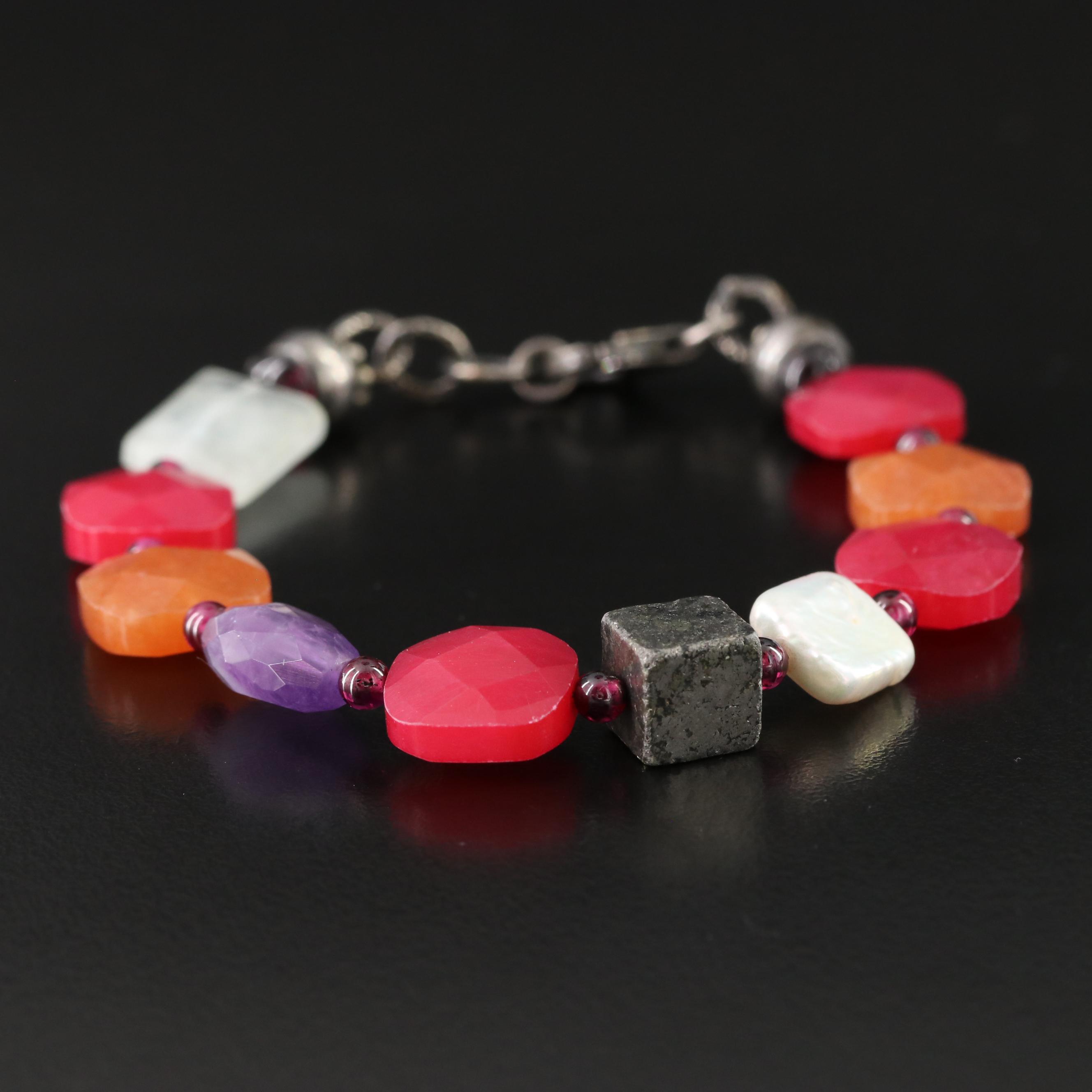 Sterling Gemstone Bracelet Including Amethyst, Pearl and Quartzite