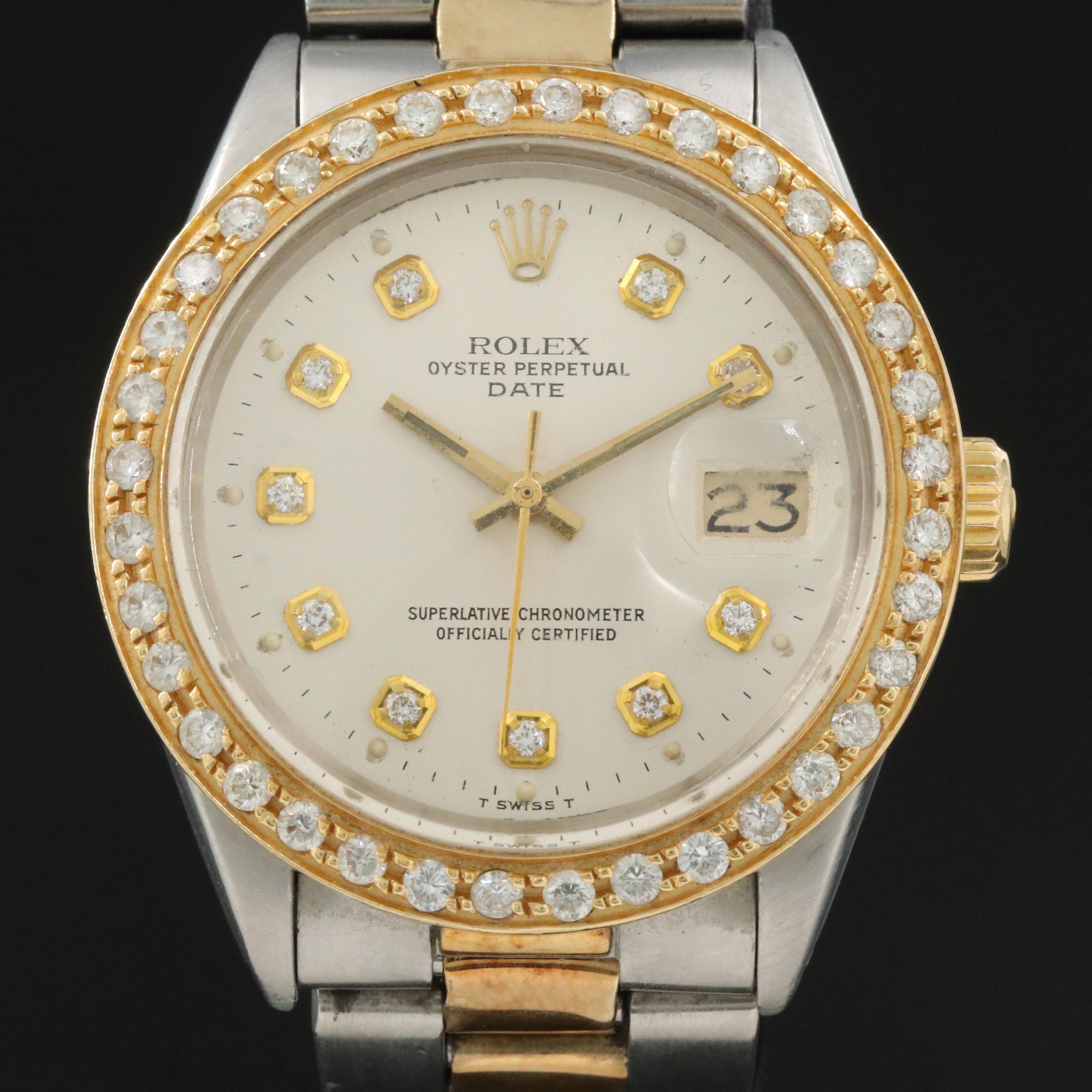 Rolex Oyster Perpetual Date 1505 Custom Diamond Dial Bezel 34mm Automatic Watch