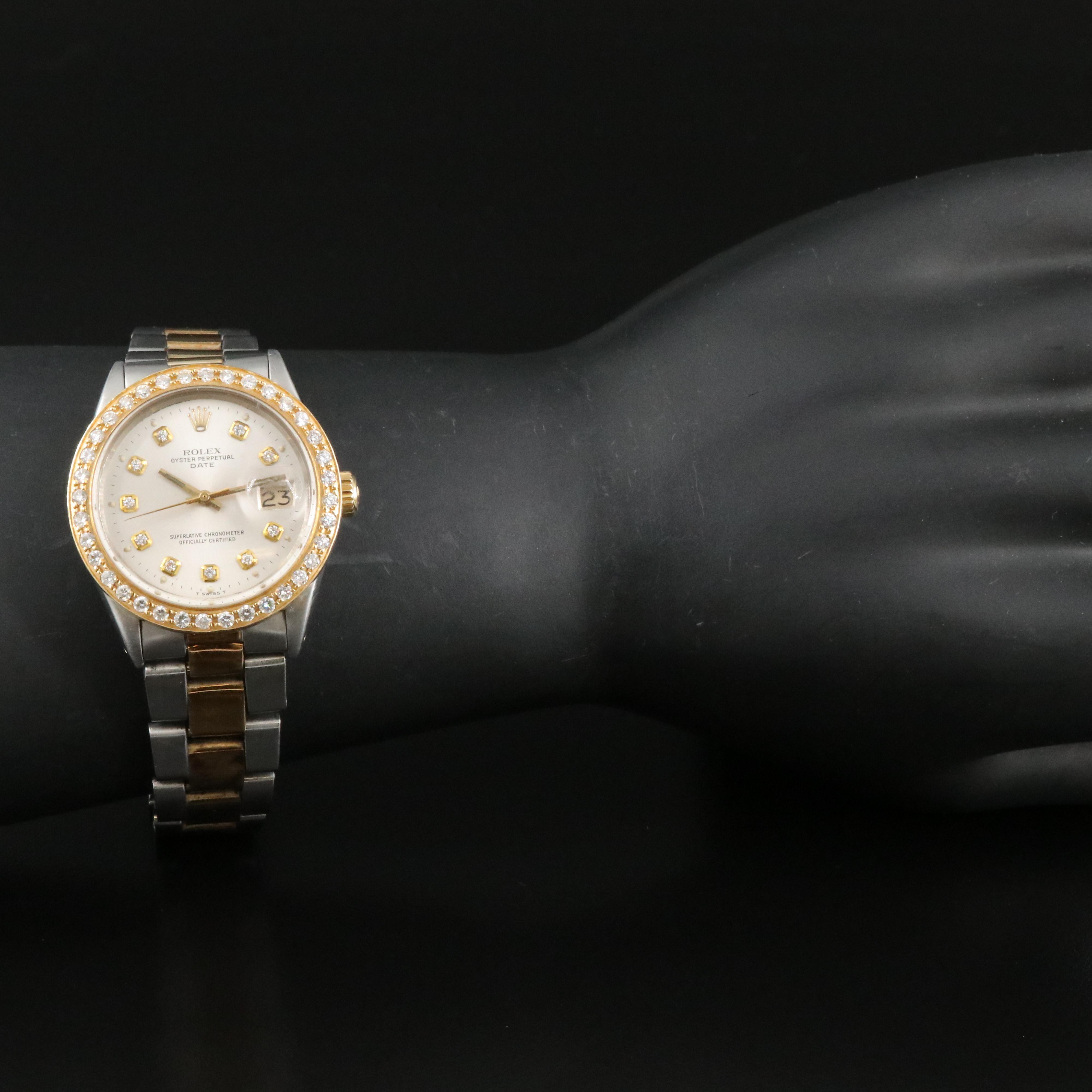 Rolex Oyster Perpetual Date 1505 Custom Diamond Dial Bezel 34mm Automatic Watch