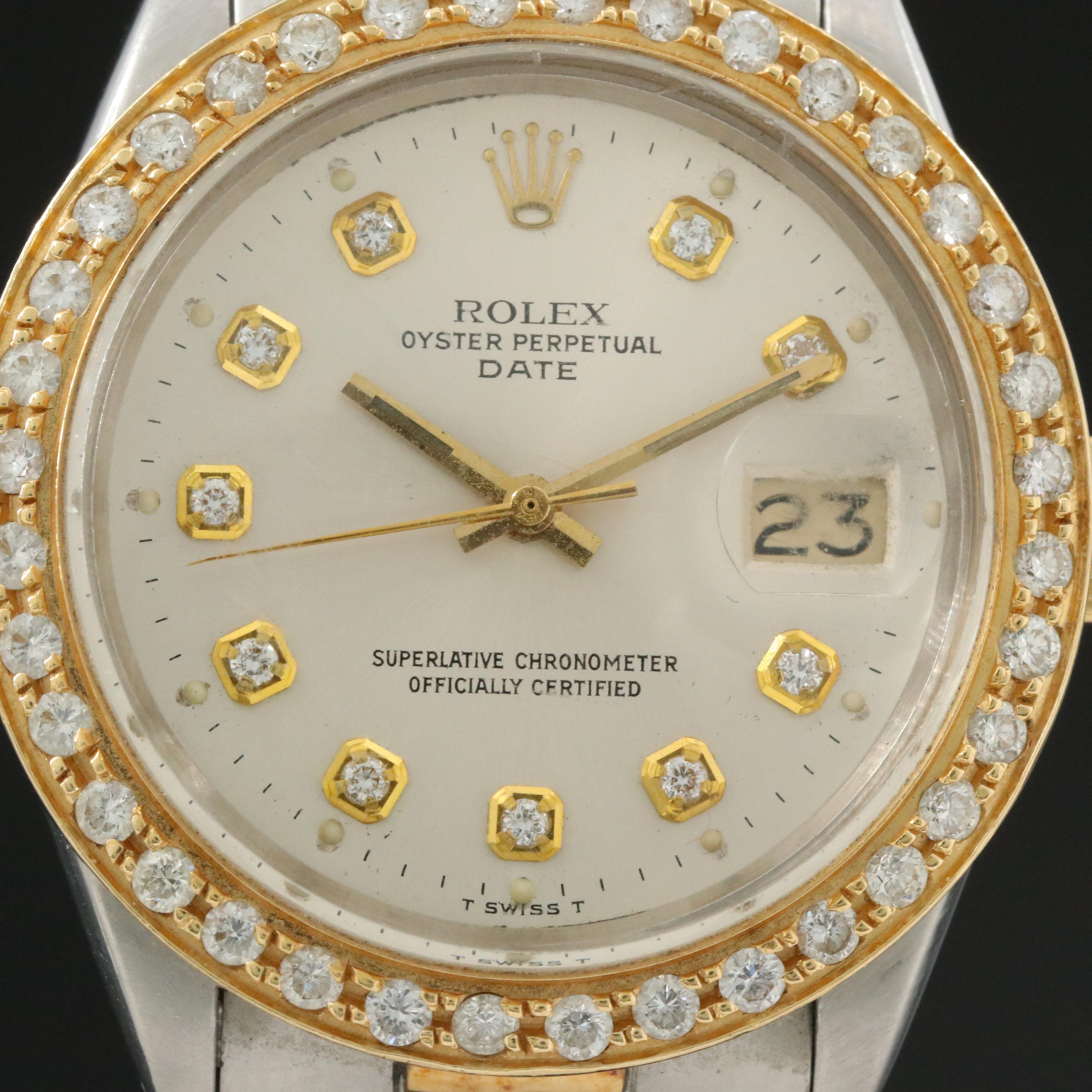 Rolex Oyster Perpetual Date 1505 Custom Diamond Dial Bezel 34mm Automatic Watch