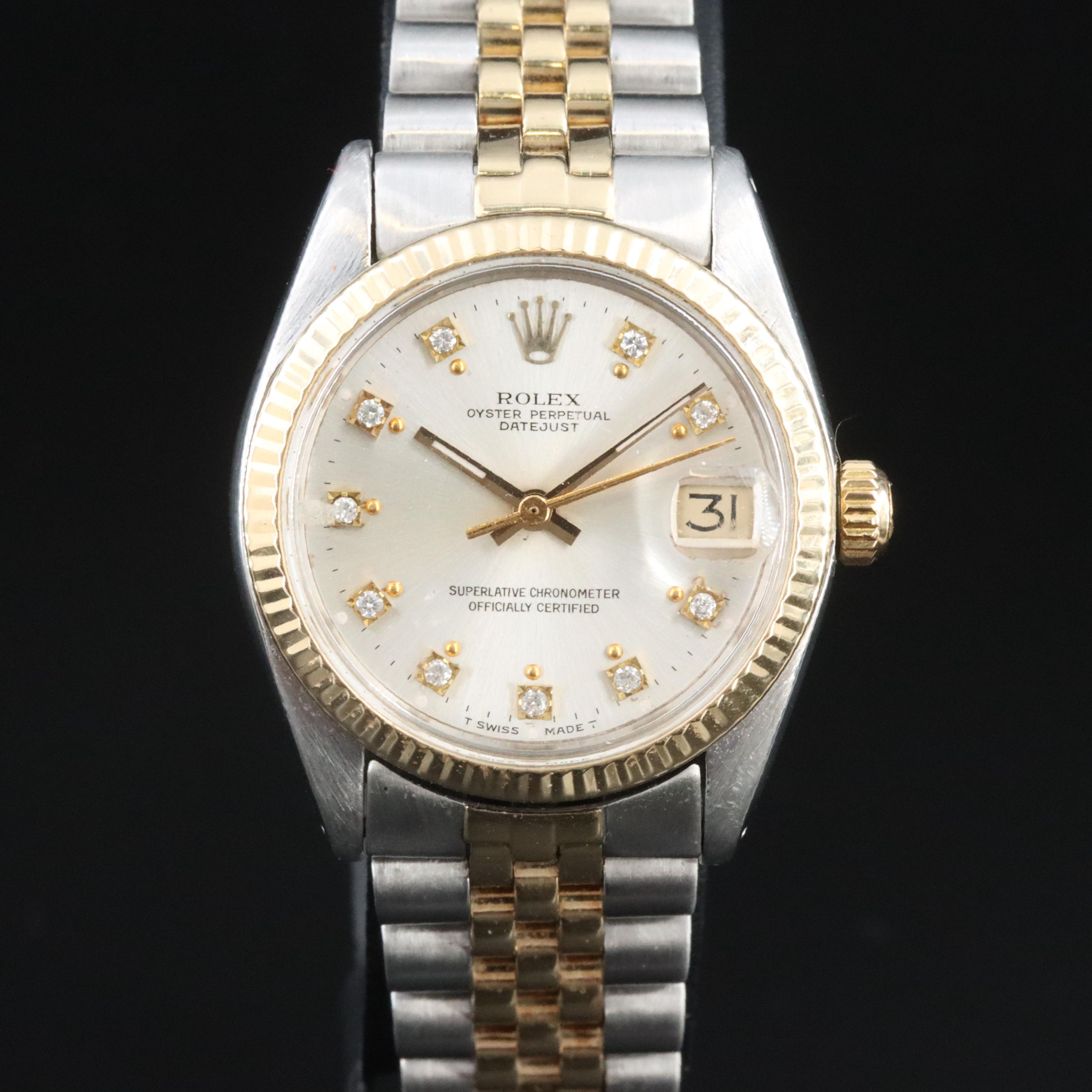 Rolex Datejust 6827 Custom Diamond Dial 31mm 18K Gold Steel Automatic Watch