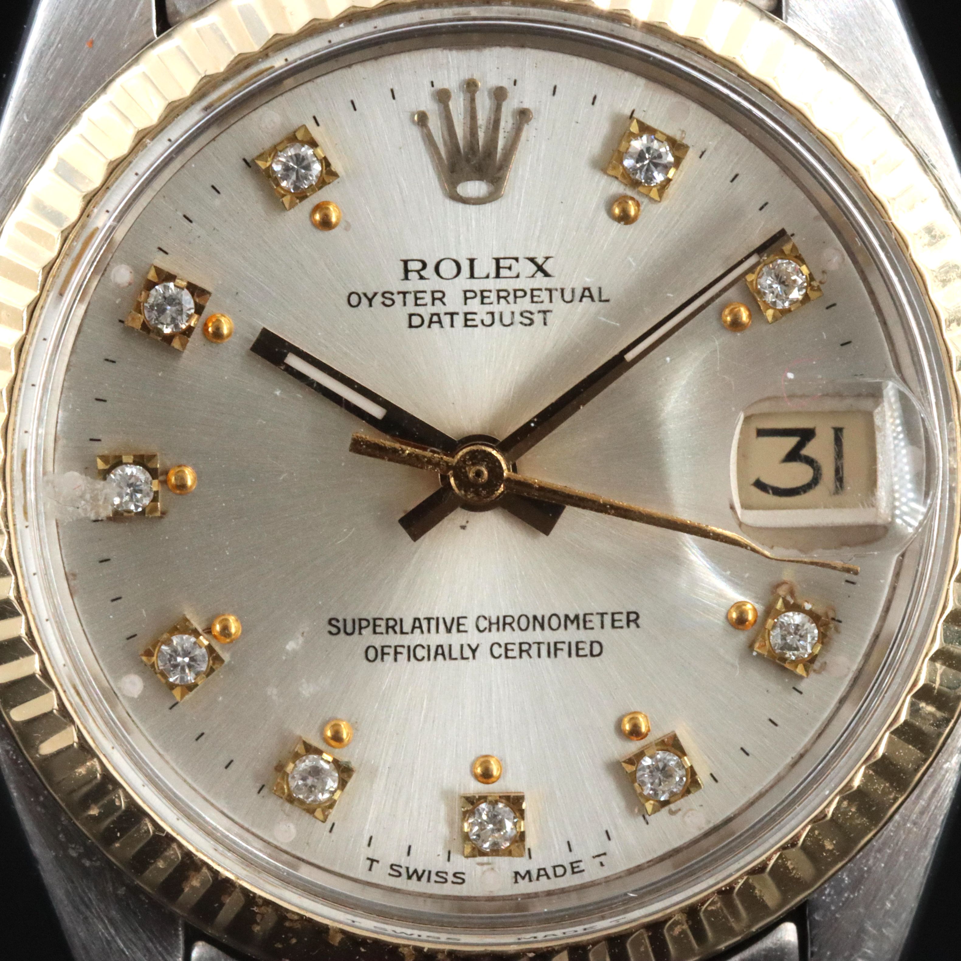 Rolex Datejust 6827 Custom Diamond Dial 31mm 18K Gold Steel Automatic Watch