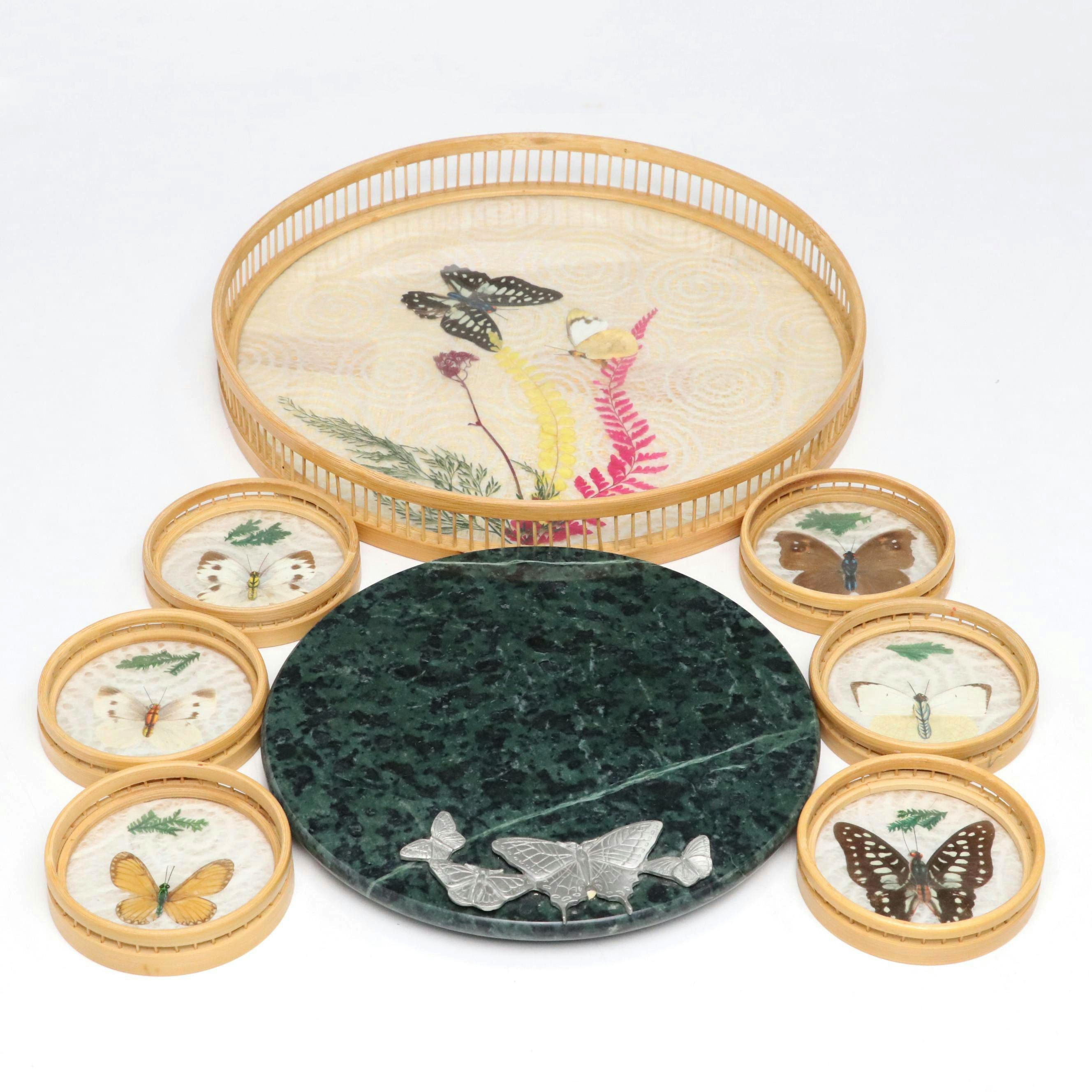 Wicker and Butterfly Tray and Coster Set with Marble Slab Platter