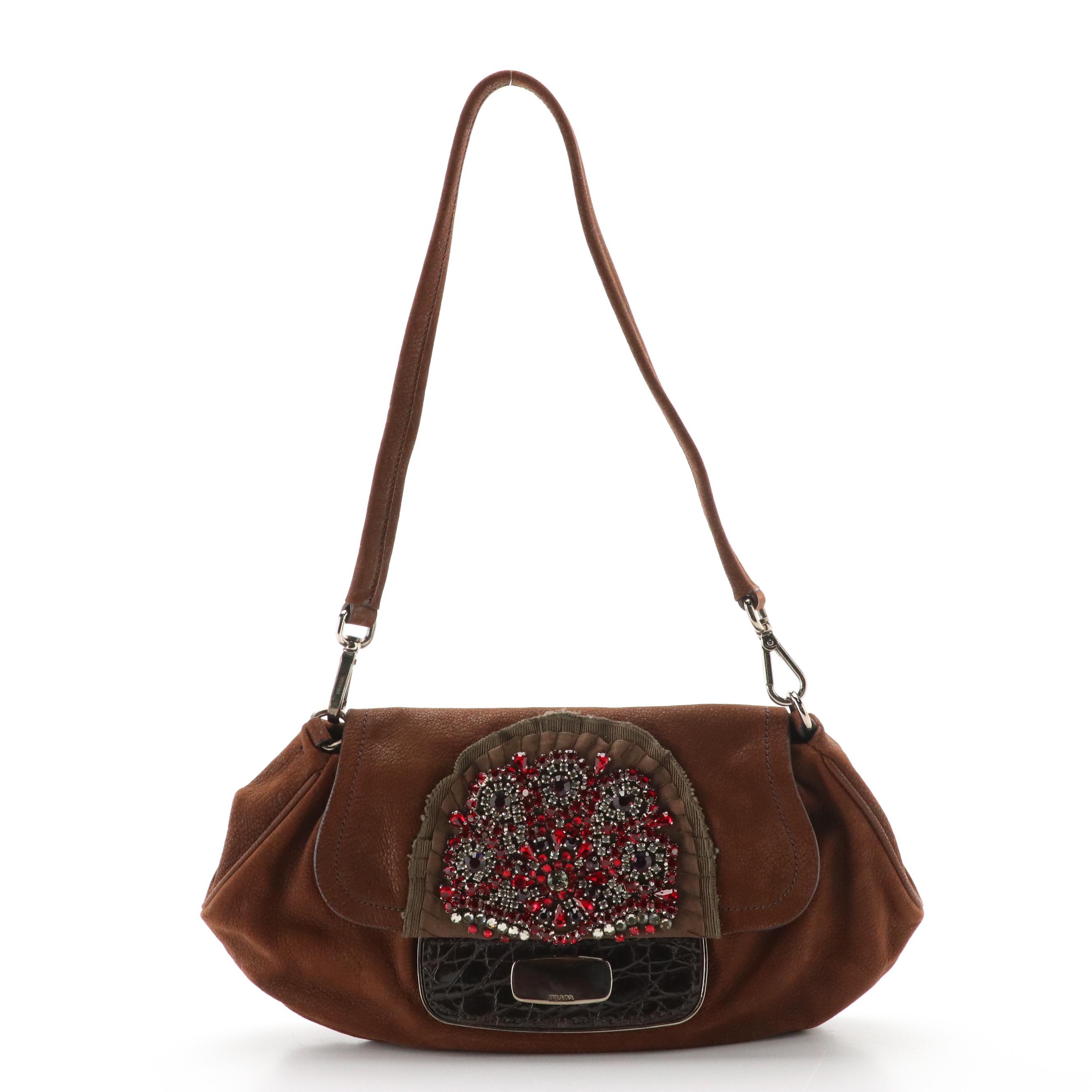 Prada Rhinestone Embellished Brown Leather Antic Skipper Shoulder Bag, 2000s