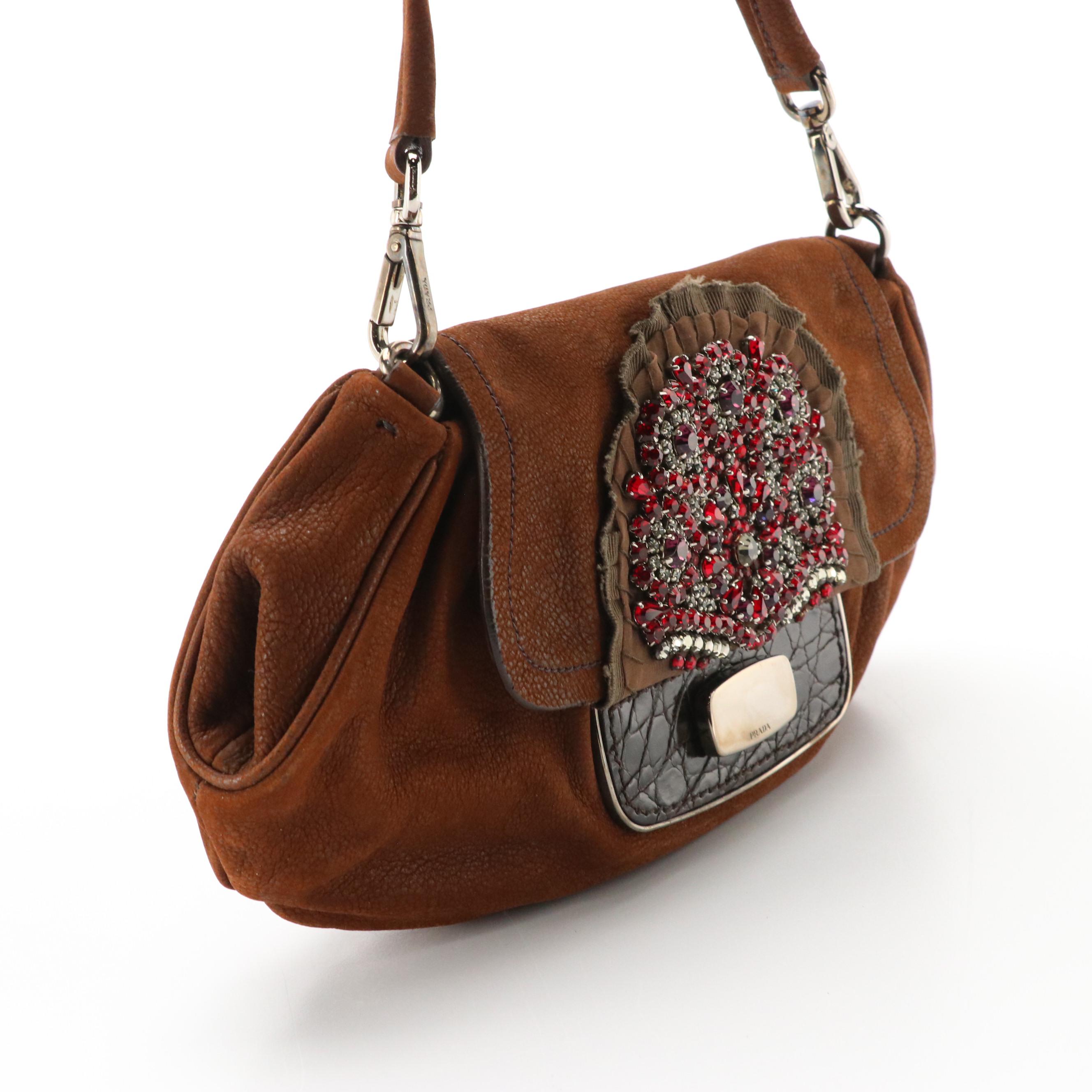 Prada Rhinestone Embellished Brown Leather Antic Skipper Shoulder Bag, 2000s