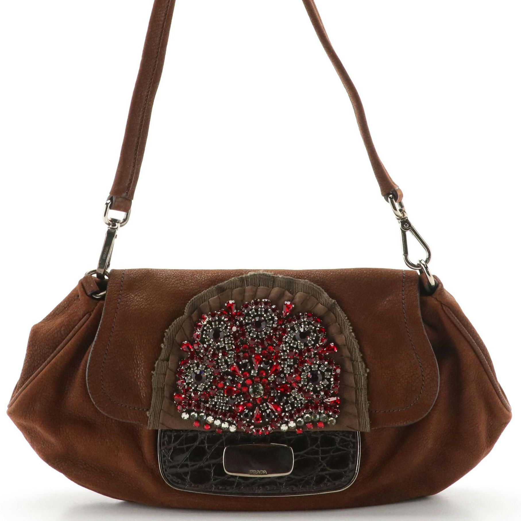 Prada Rhinestone Embellished Brown Leather Antic Skipper Shoulder Bag, 2000s