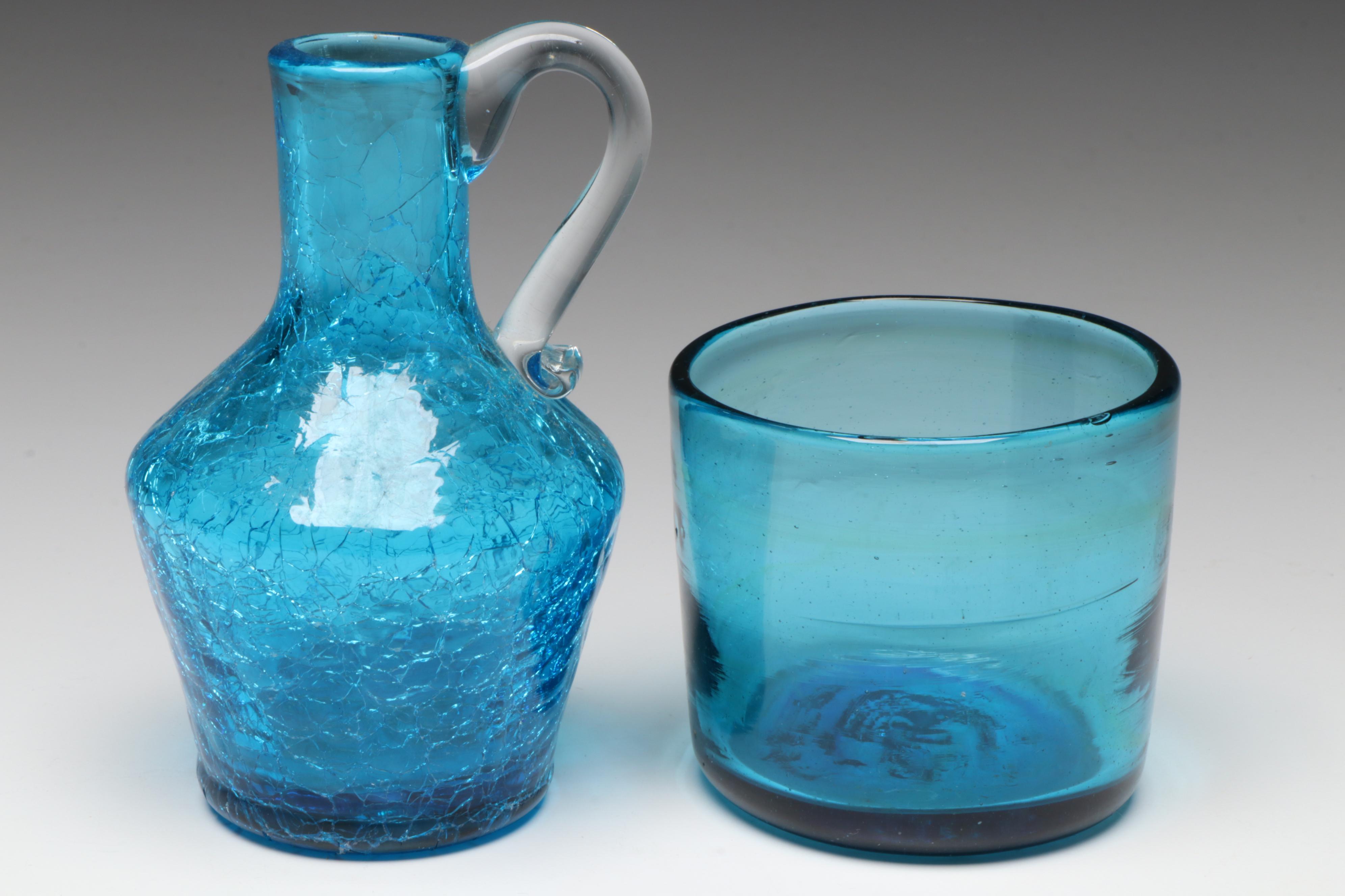 Rainbow Glass Co. "Teardrop" Pitcher and Other Blown Blue Glass Décor