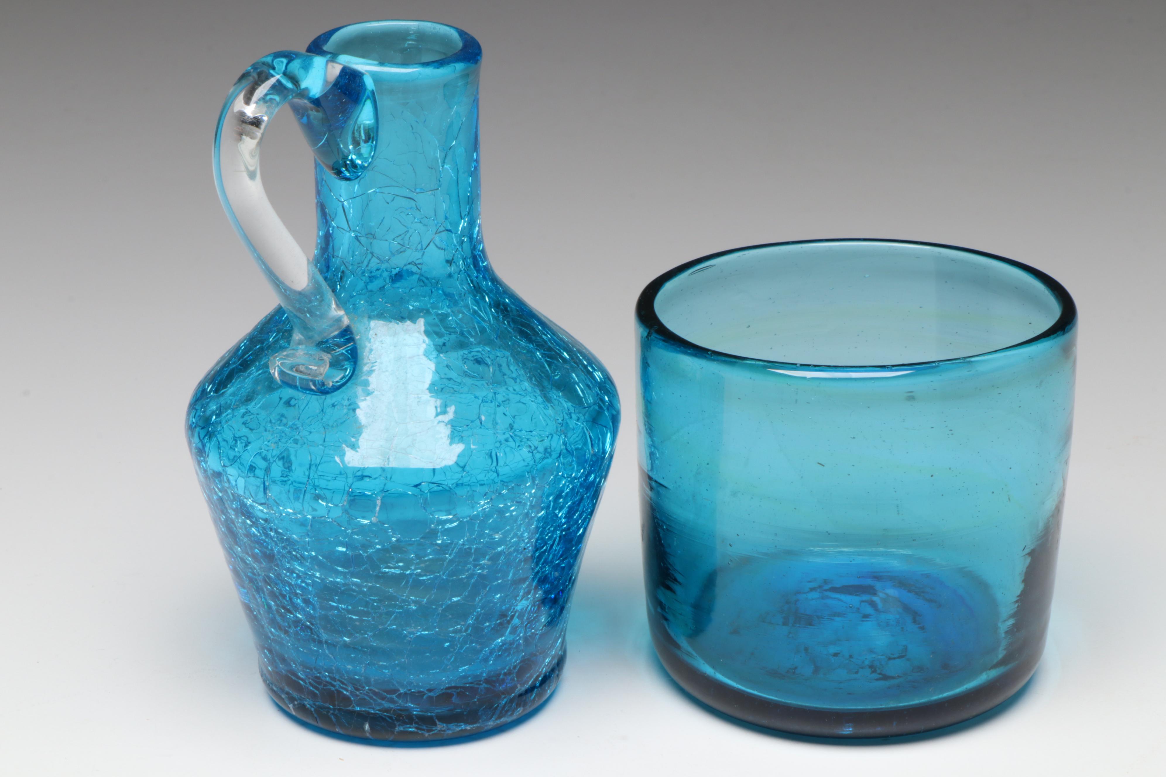 Rainbow Glass Co. "Teardrop" Pitcher and Other Blown Blue Glass Décor