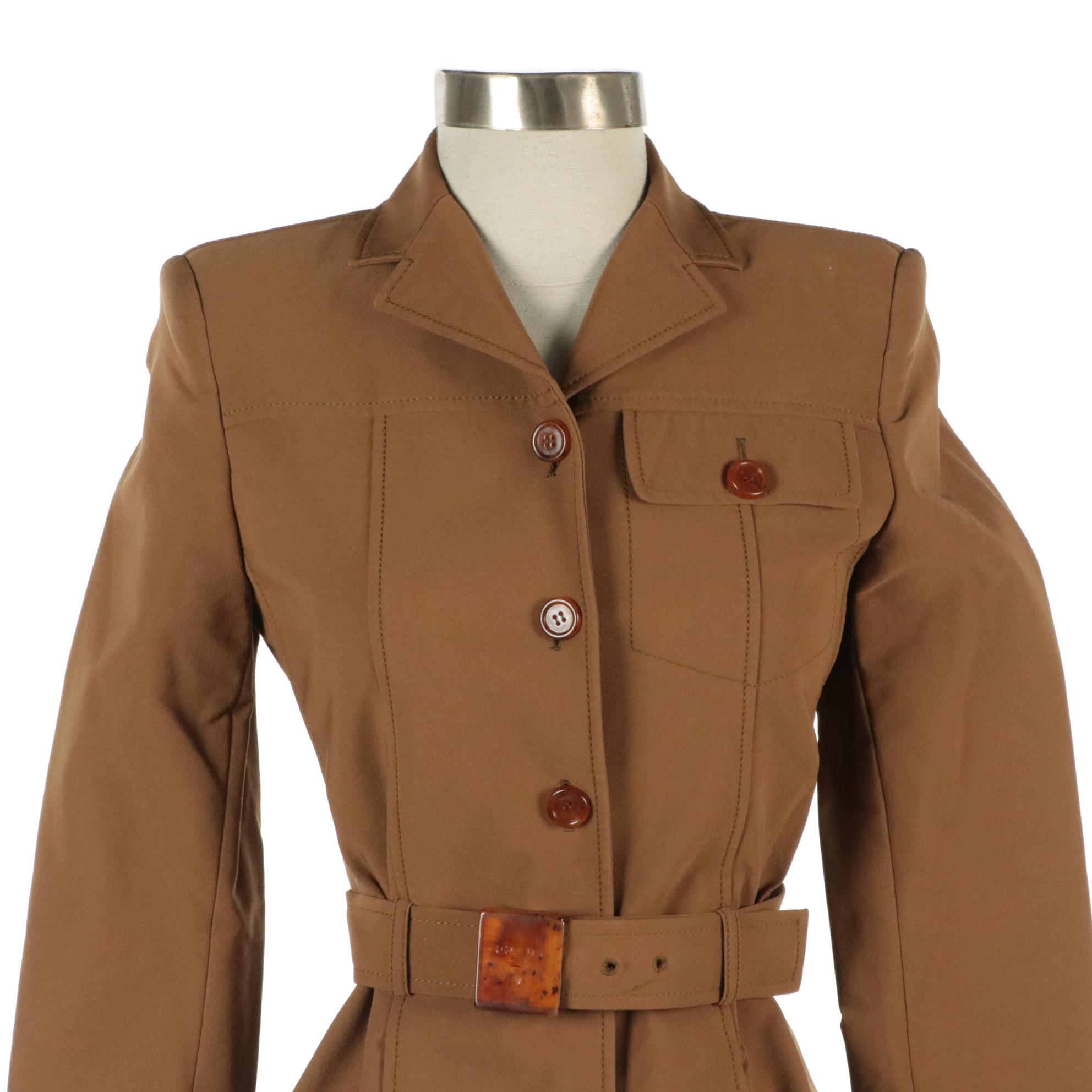 Prada Double-Breasted Belted Jacket and Black Straight Leg Trousers