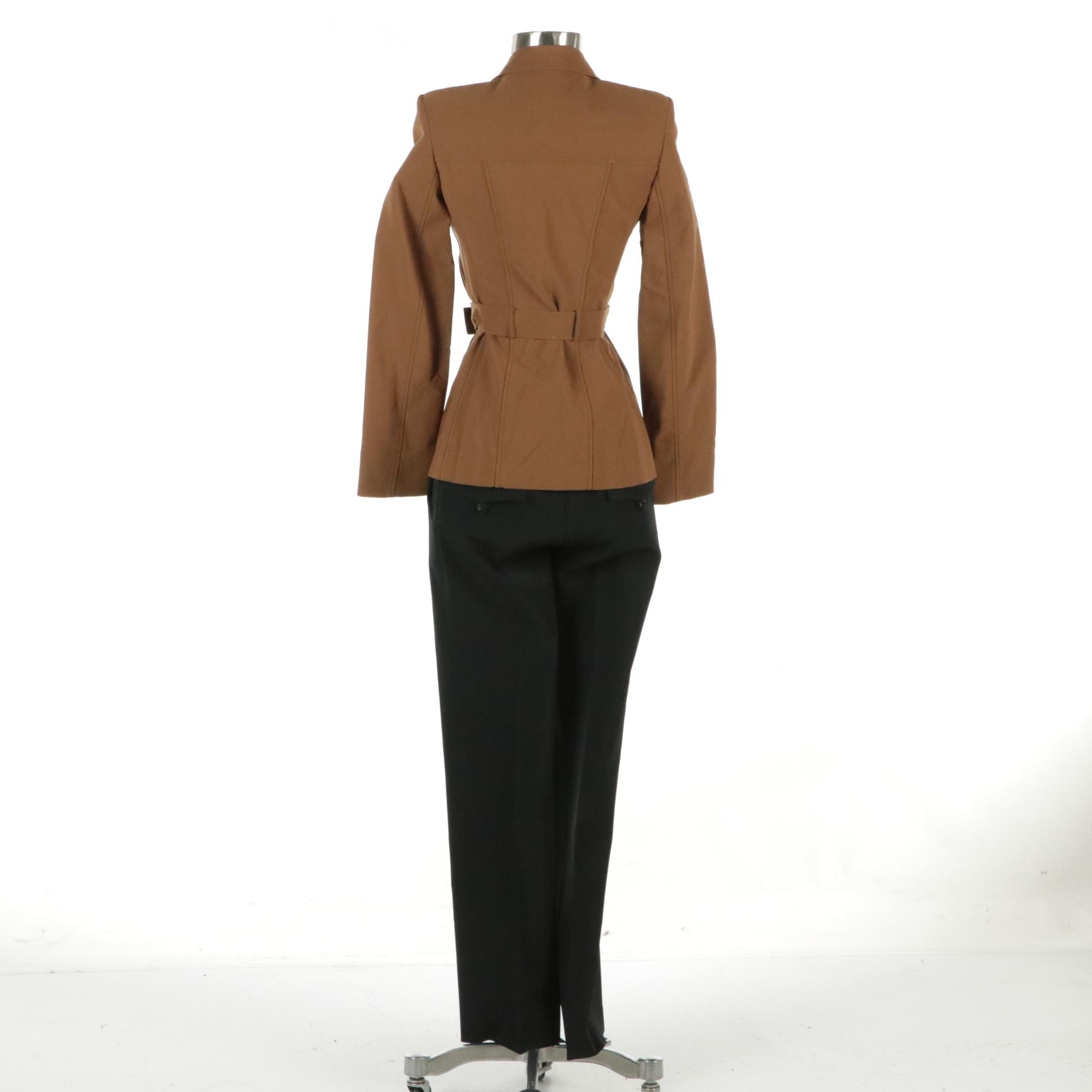 Prada Double-Breasted Belted Jacket and Black Straight Leg Trousers