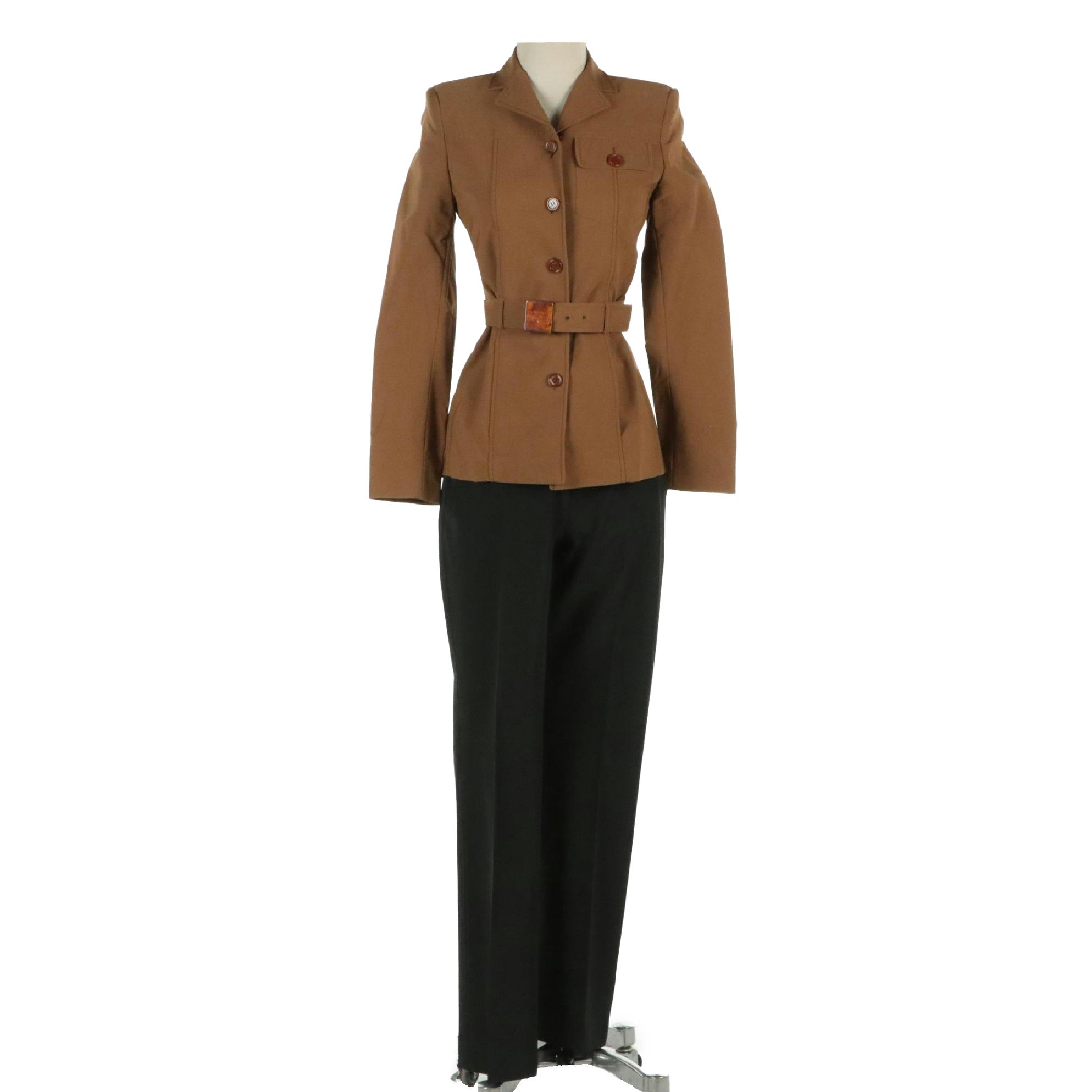 Prada Double-Breasted Belted Jacket and Black Straight Leg Trousers