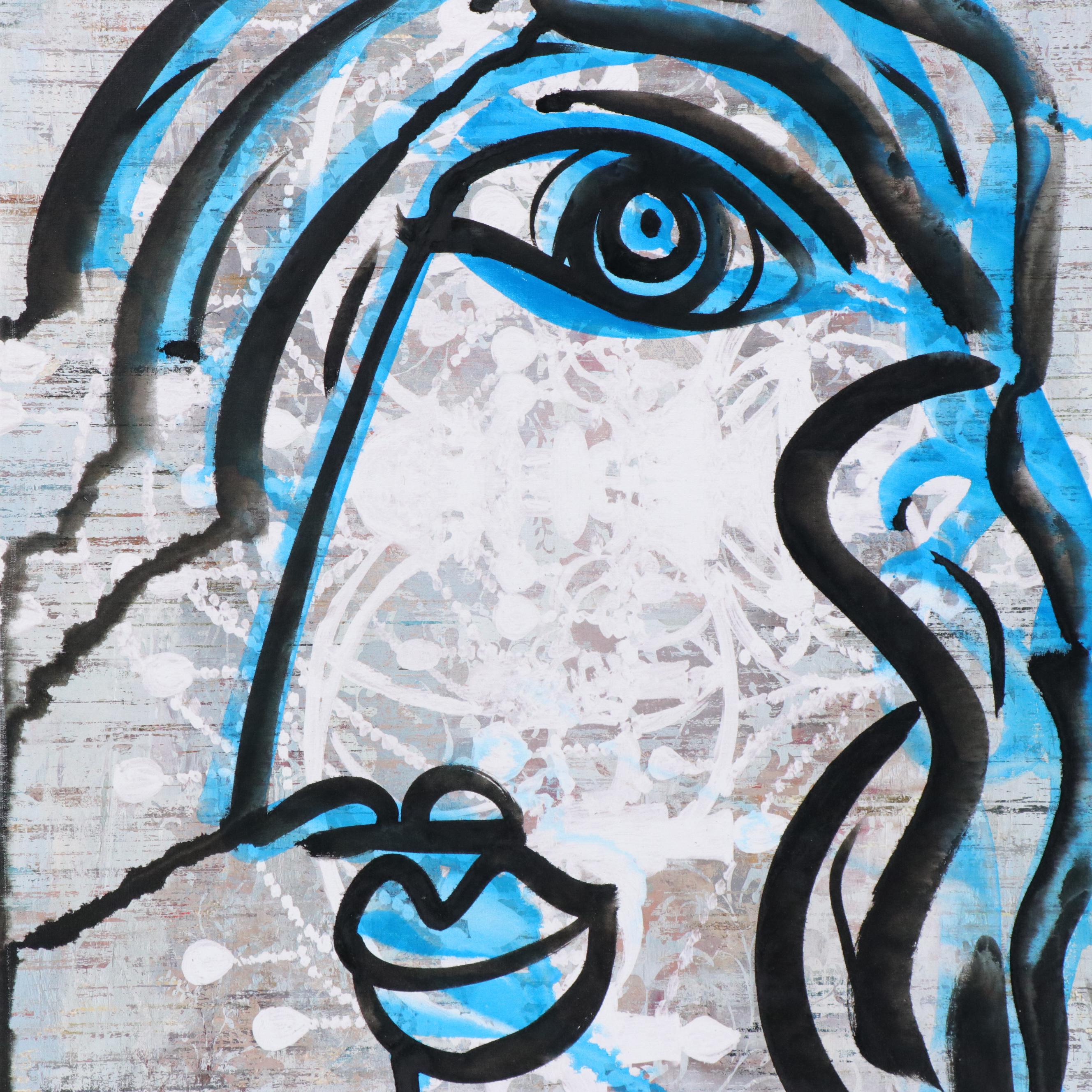 Peter Keil "Blue Picasso" Abstract Portrait Acrylic Painting, Late 20th Century