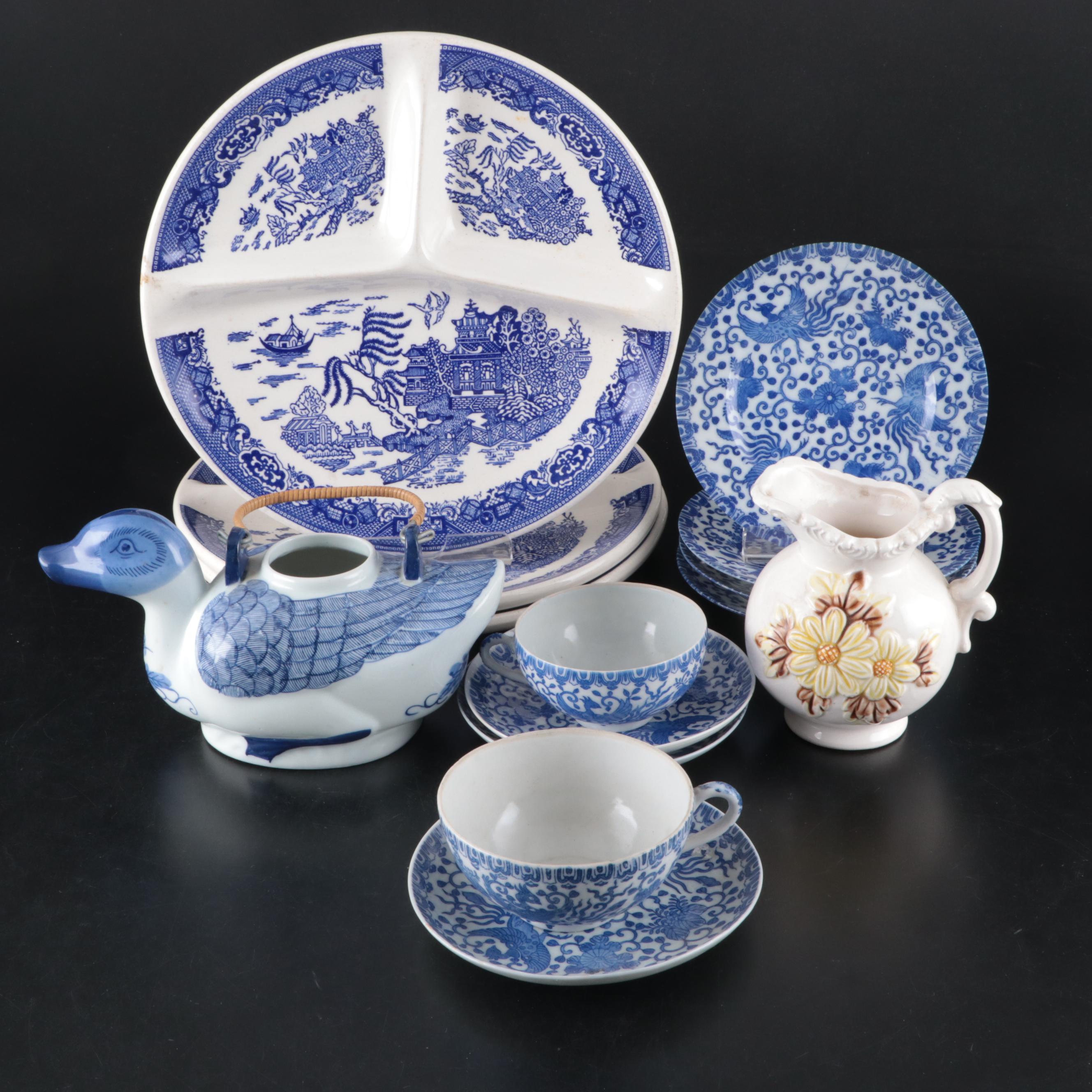 Blue Willow Grill Plates with Japanese Porcelain and Other Tableware