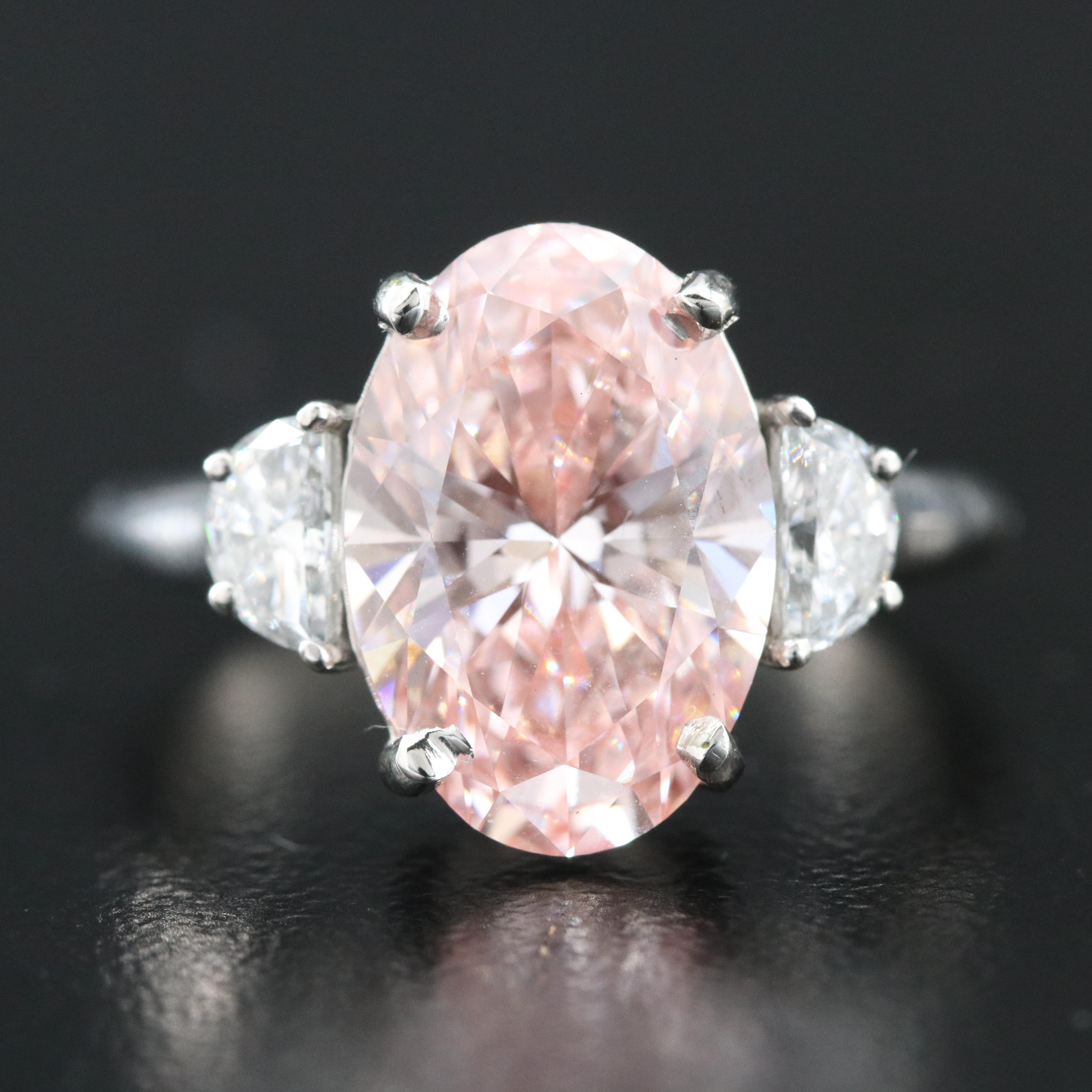 Platinum 3.69 CTW Lab Grown Diamond  Ring with IGI Report and Fancy Pink Center