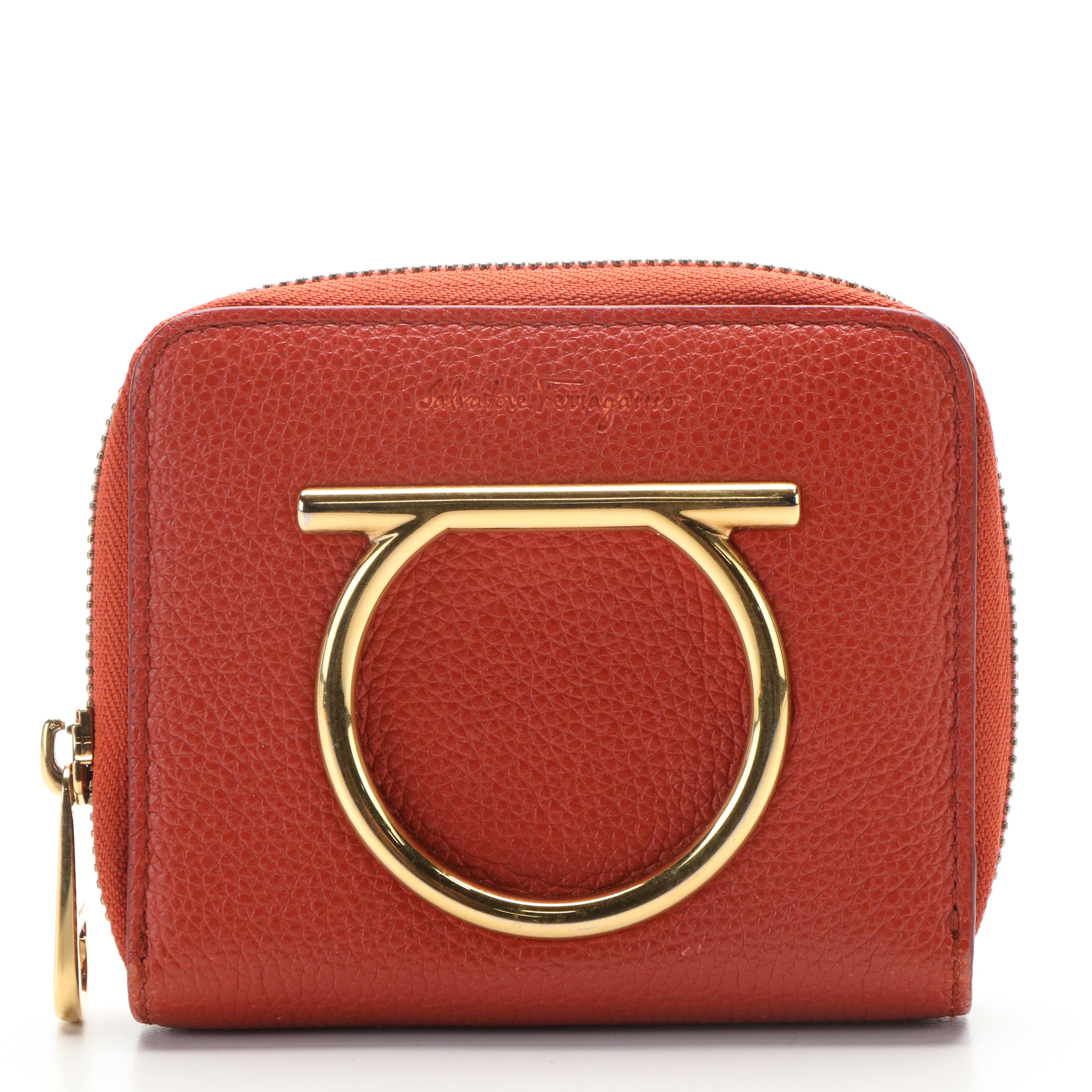 Salvatore Ferragamo Gancini Zippy Wallet in Reddish Orange Leather