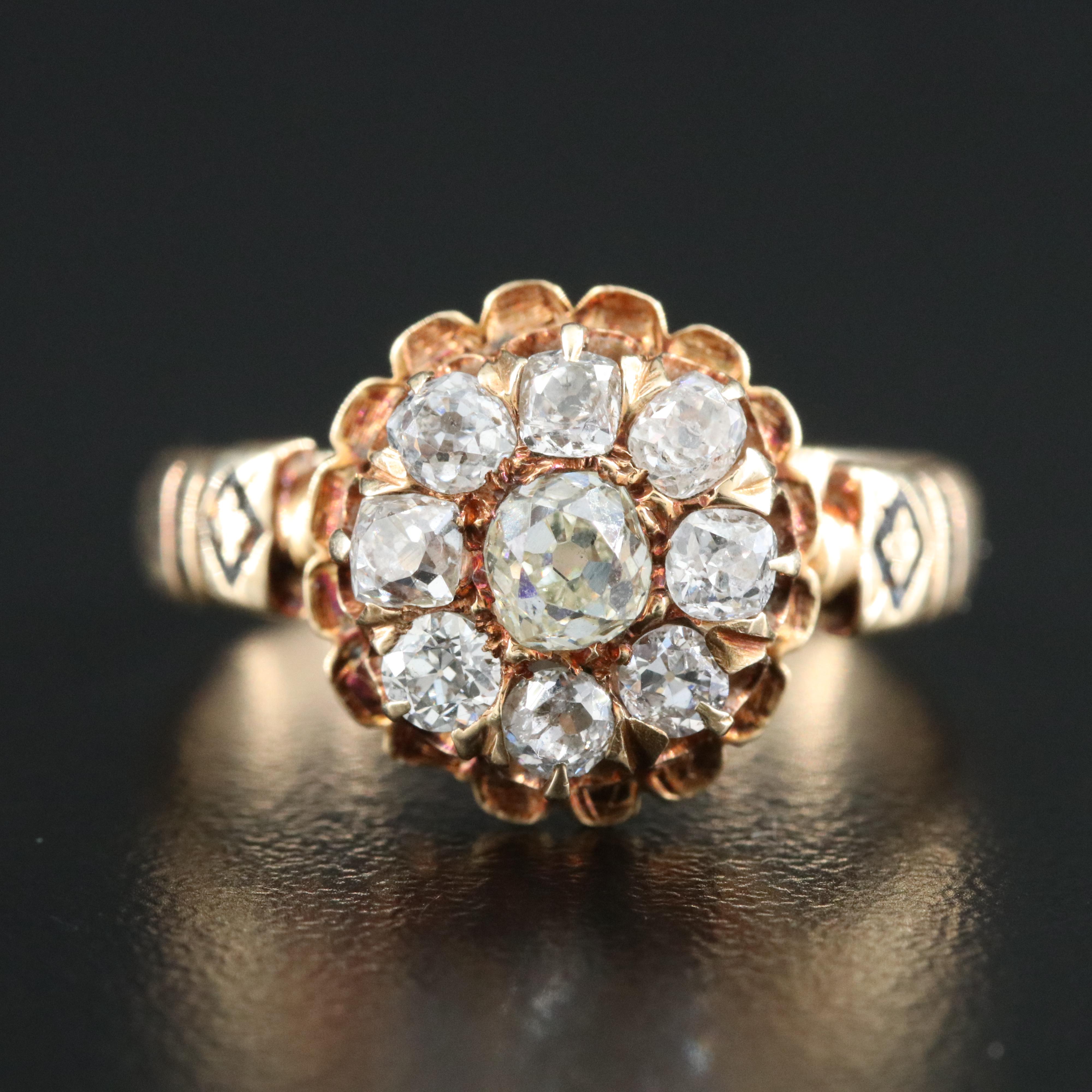 Victorian 14K Rose Gold 1.06 CTW Diamond and Enamel Cluster Ring