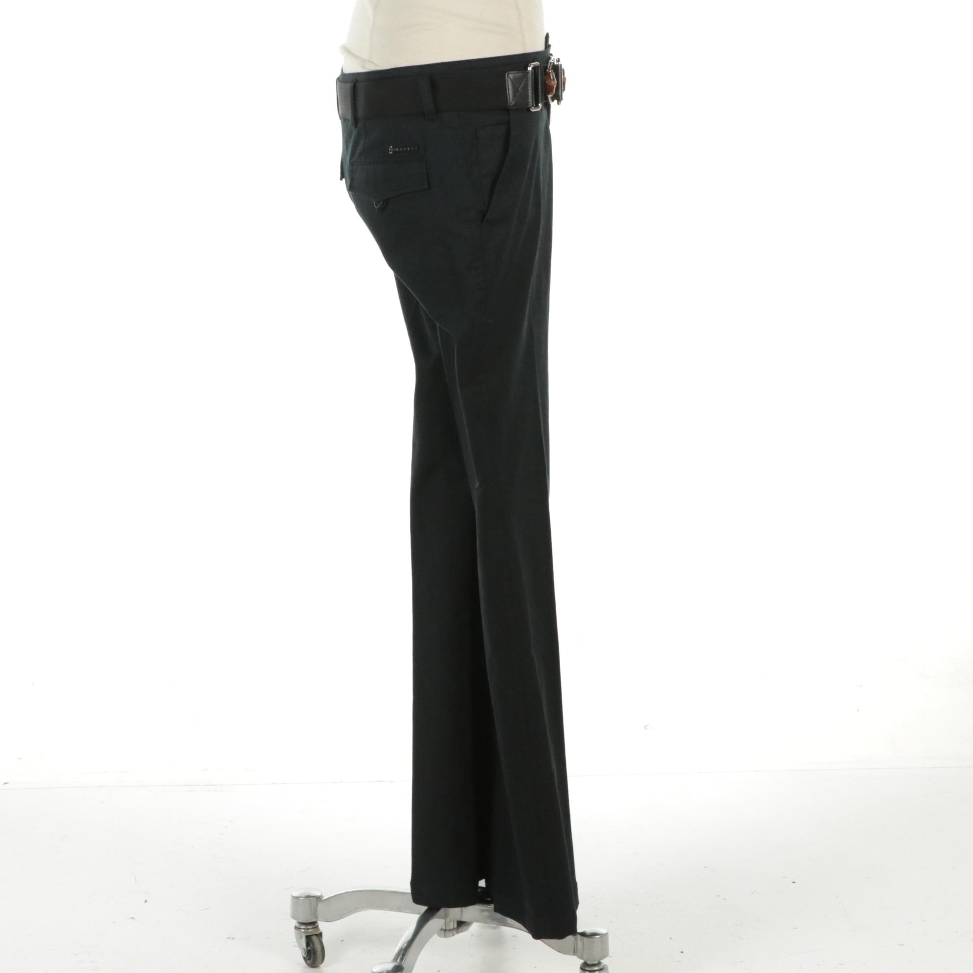 Prada Flat-Front Pants with Gucci Bamboo, Nylon, and Leather Belt